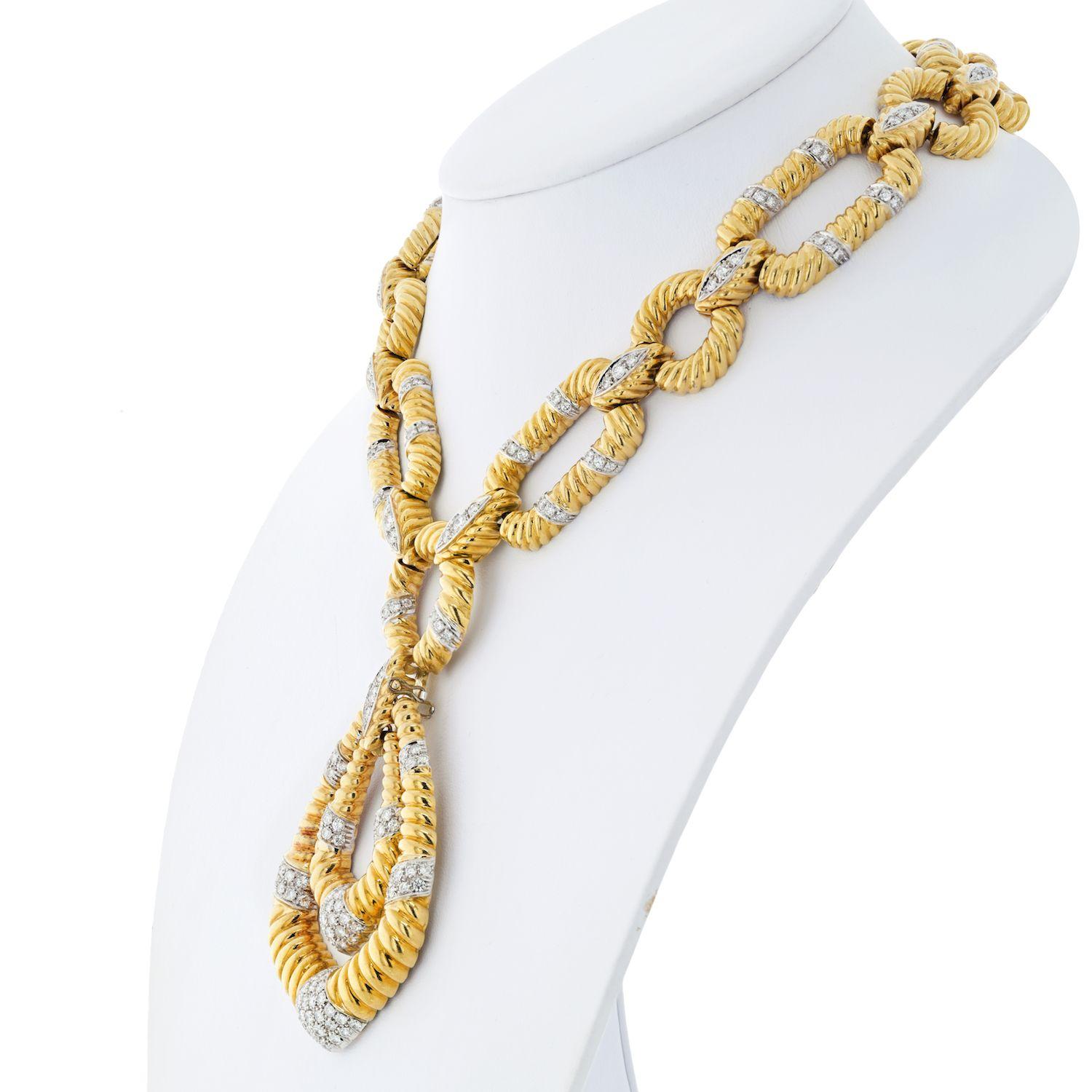 Modern 1970's Platinum & 18K Yellow Gold Twist Open Link Diamond Accented Necklace
