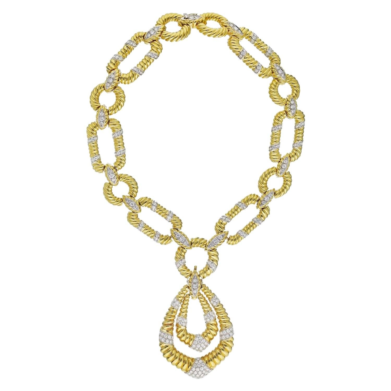 1970's Platinum & 18K Yellow Gold Twist Open Link Diamond Accented Necklace