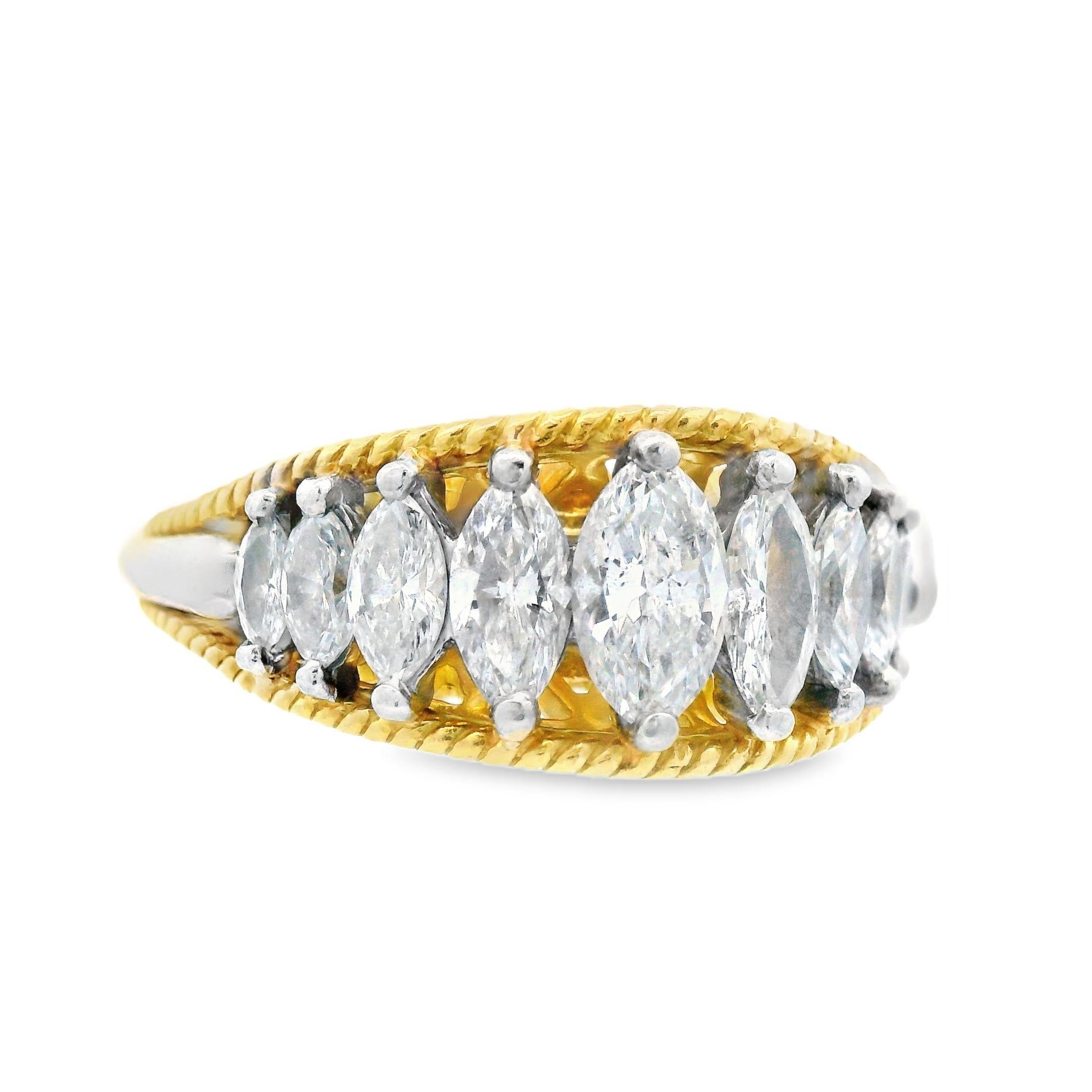 Taglio marquise Fascia di diamanti marquise in platino e oro giallo 18 carati degli anni '70 con applicazione indipendente. in vendita
