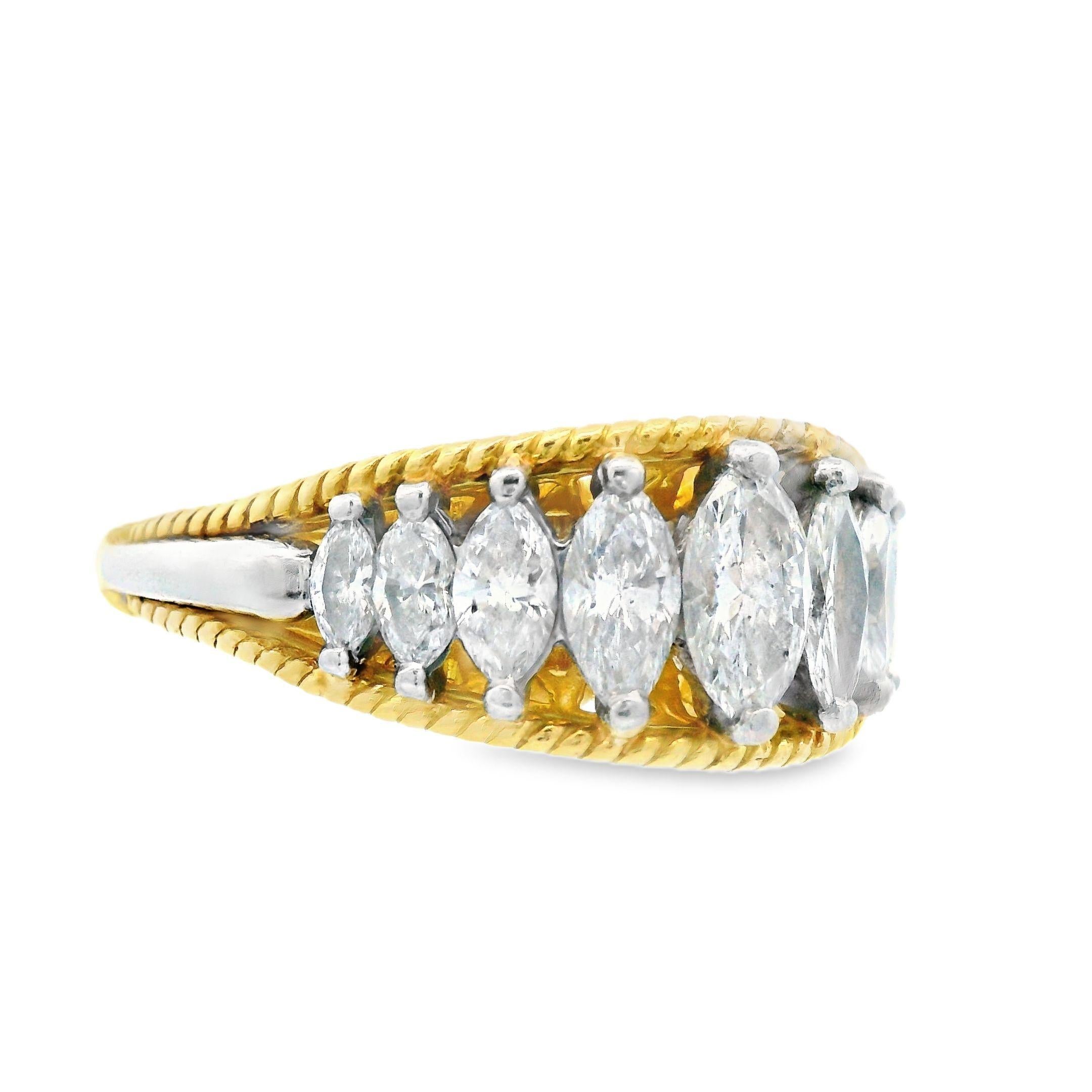 Fascia di diamanti marquise in platino e oro giallo 18 carati degli anni '70 con applicazione indipendente. In condizioni buone in vendita a Lexington, KY