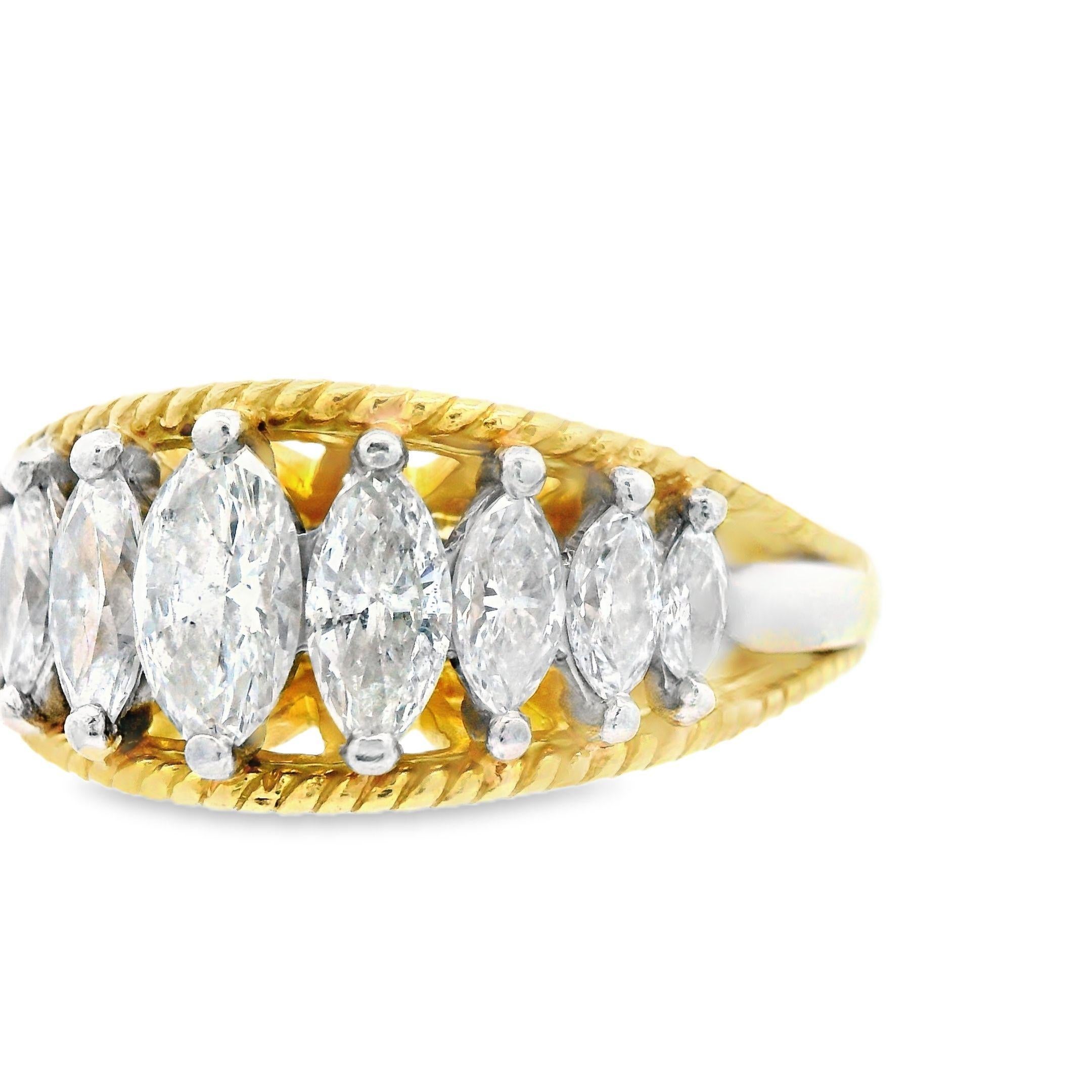 Fascia di diamanti marquise in platino e oro giallo 18 carati degli anni '70 con applicazione indipendente. in vendita 1