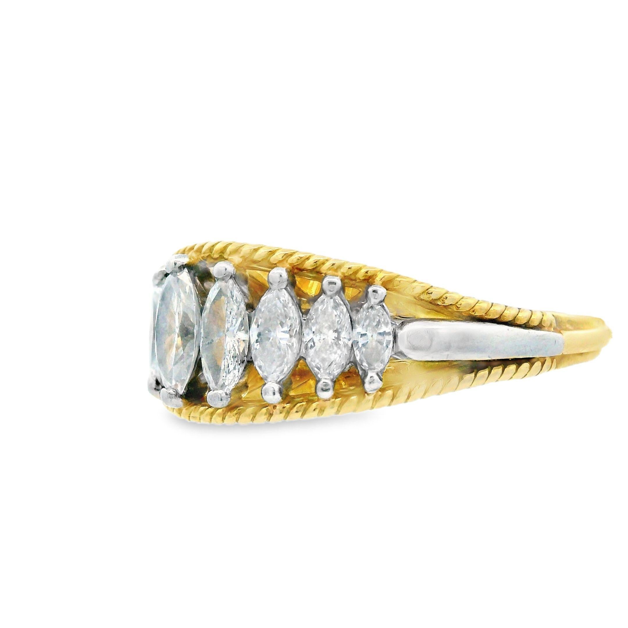 Fascia di diamanti marquise in platino e oro giallo 18 carati degli anni '70 con applicazione indipendente. in vendita 2