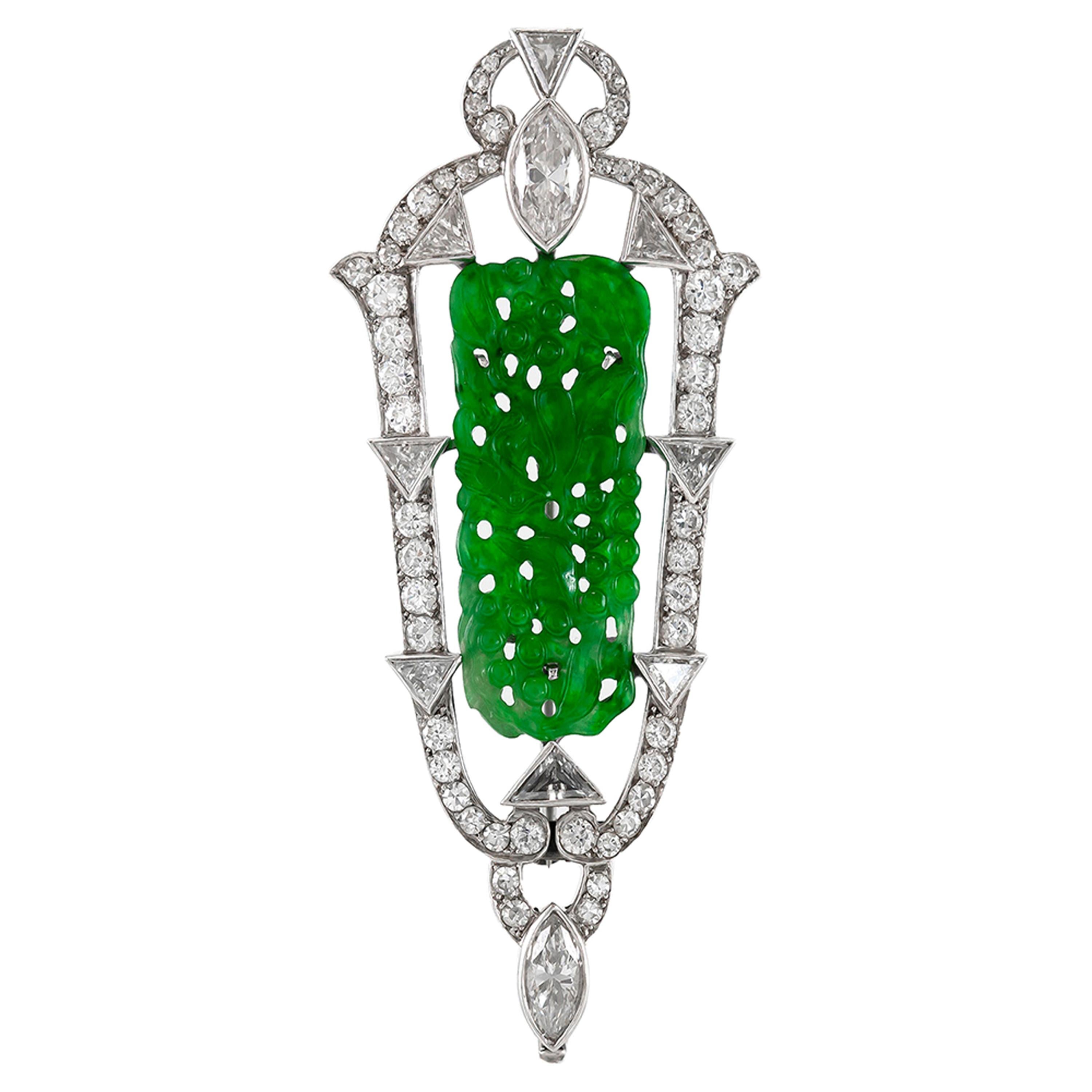 Art Deco 1920s Jade Brooch Pendant with Diamonds For Sale