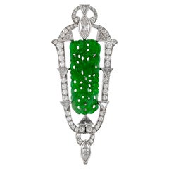 Antique Art Deco 1920s Jade Brooch Pendant with Diamonds