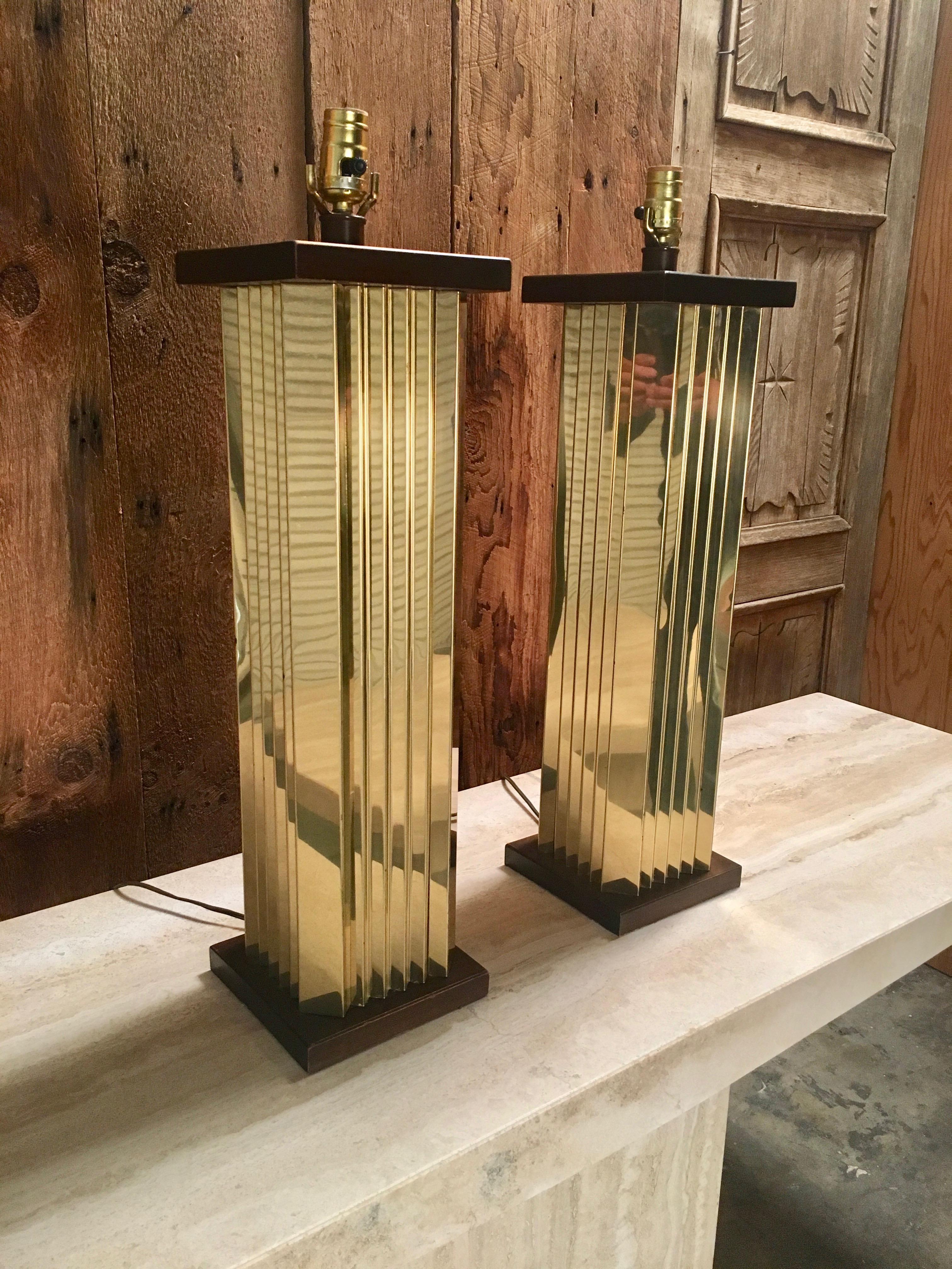 1970s Pleated Brass and Wood Table Lamps 4