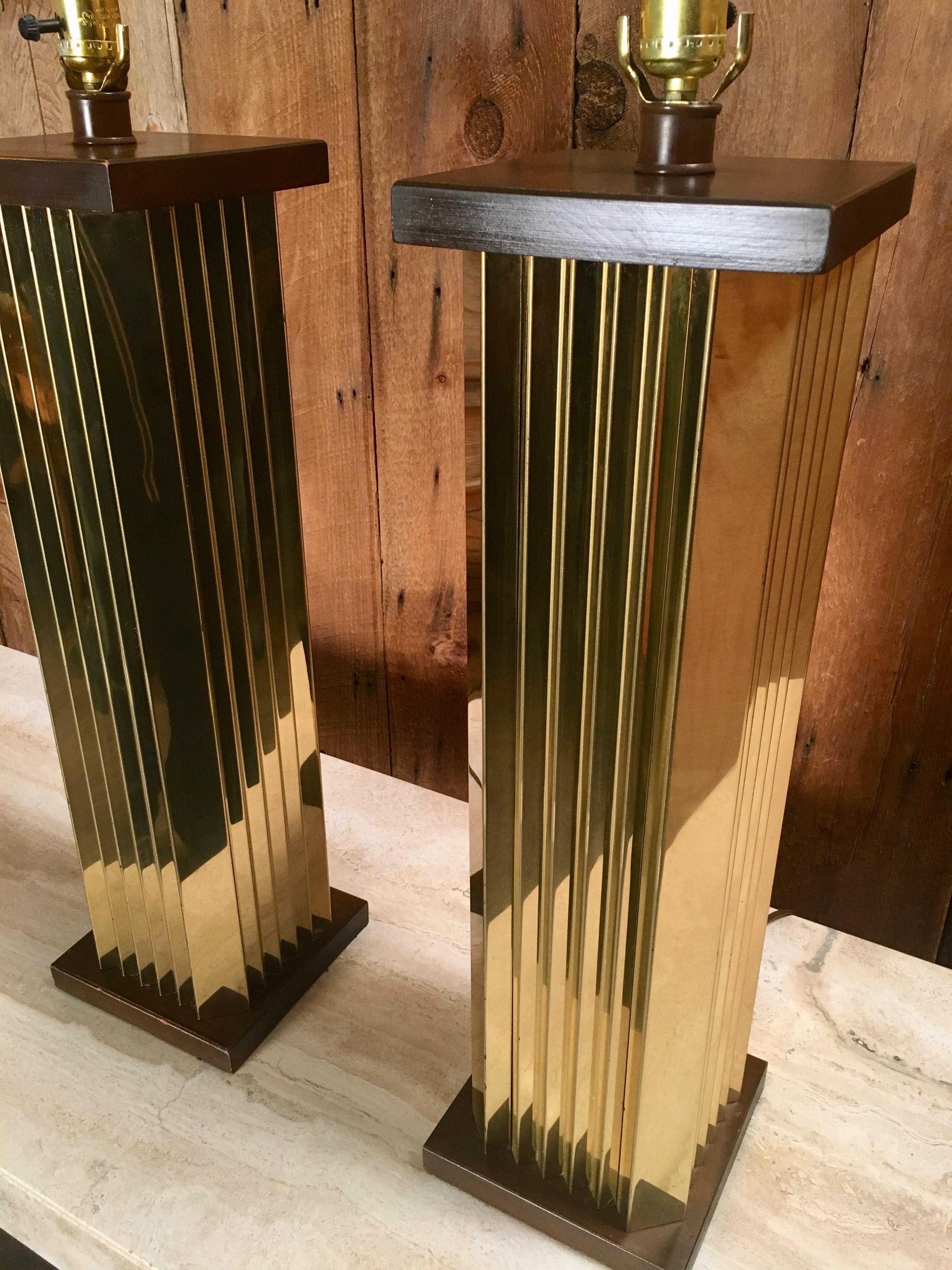 1970s Pleated Brass and Wood Table Lamps 5