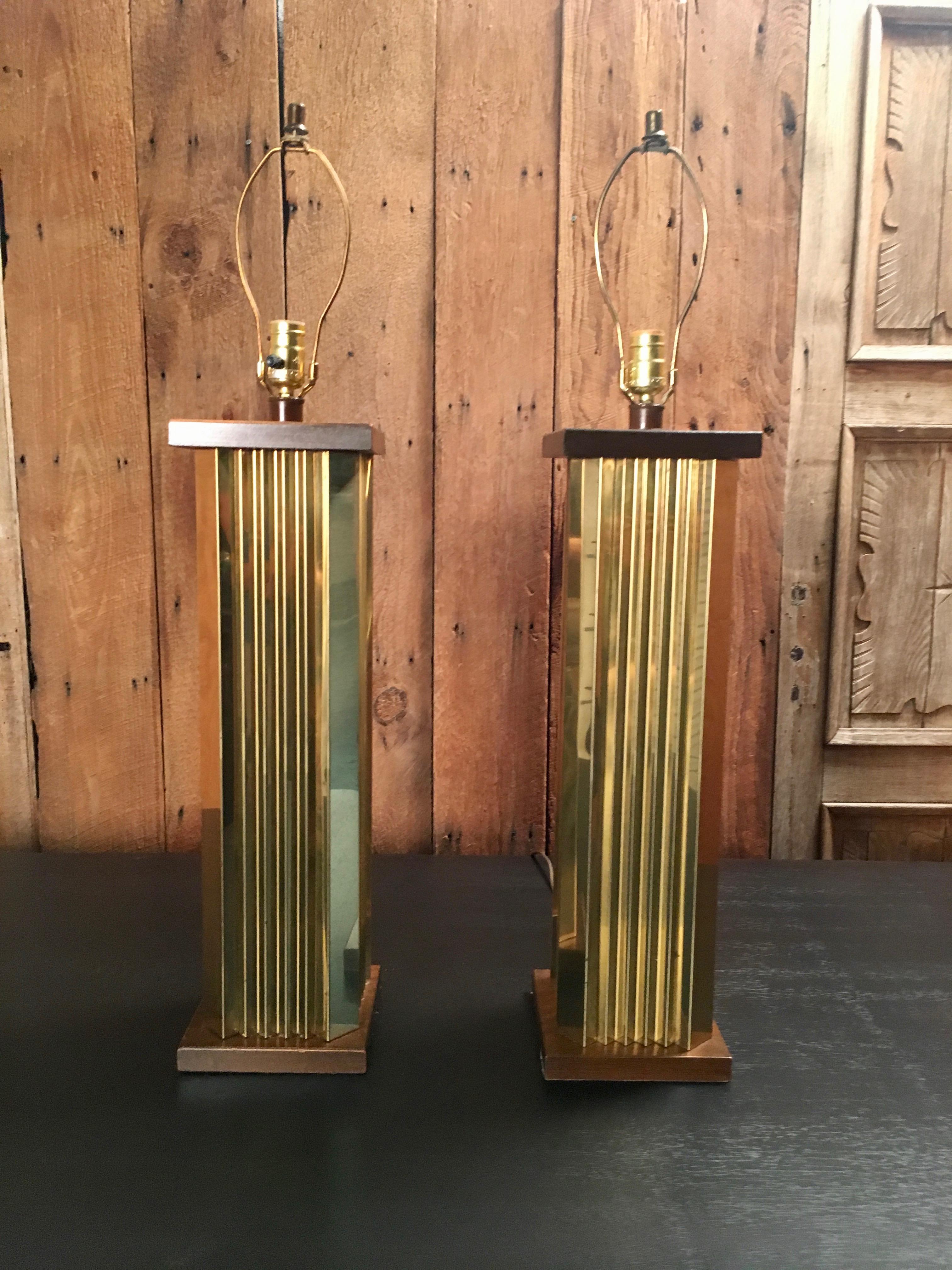 Mid-Century Modern 1970s Pleated Brass and Wood Table Lamps