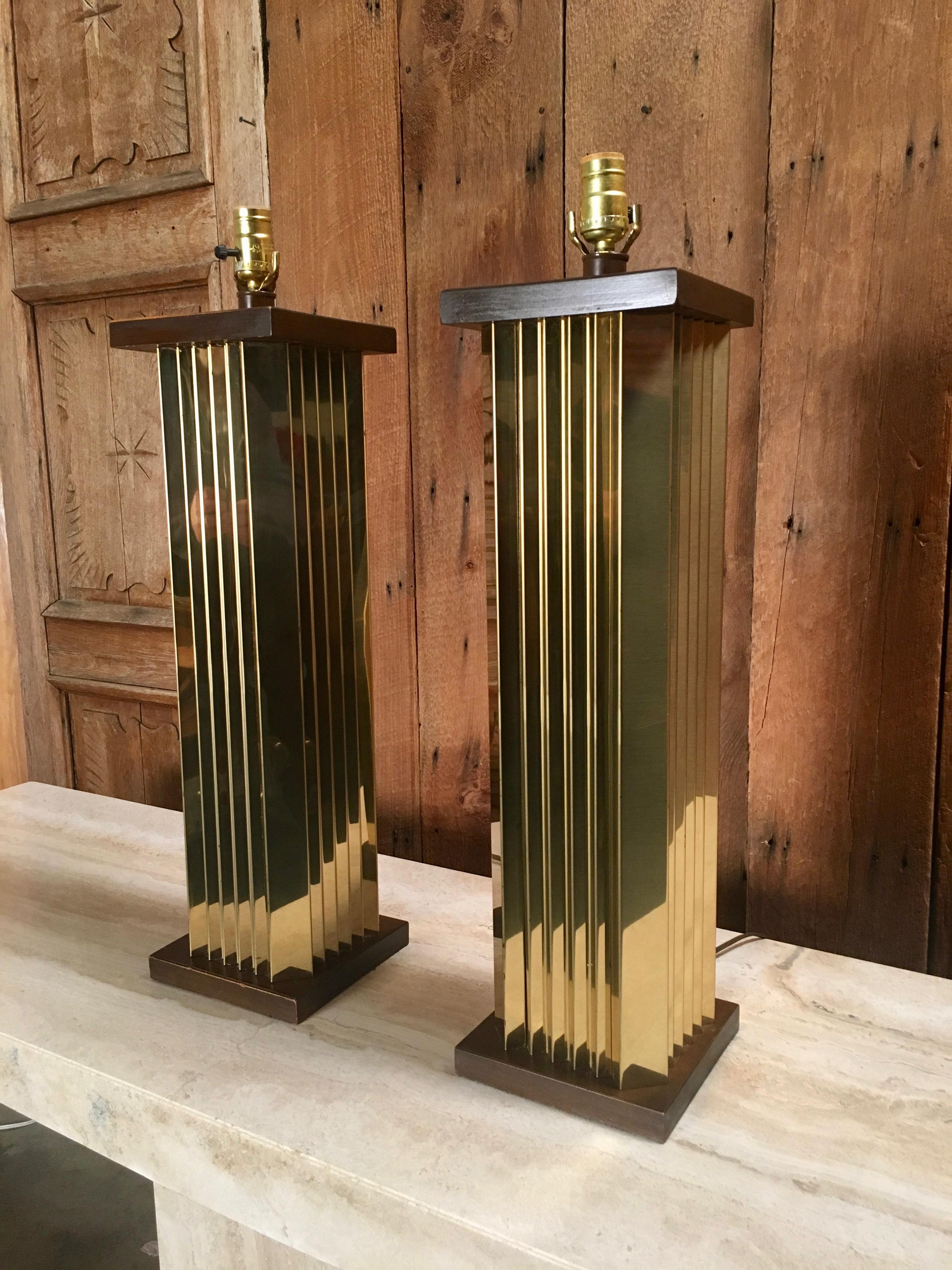 North American 1970s Pleated Brass and Wood Table Lamps