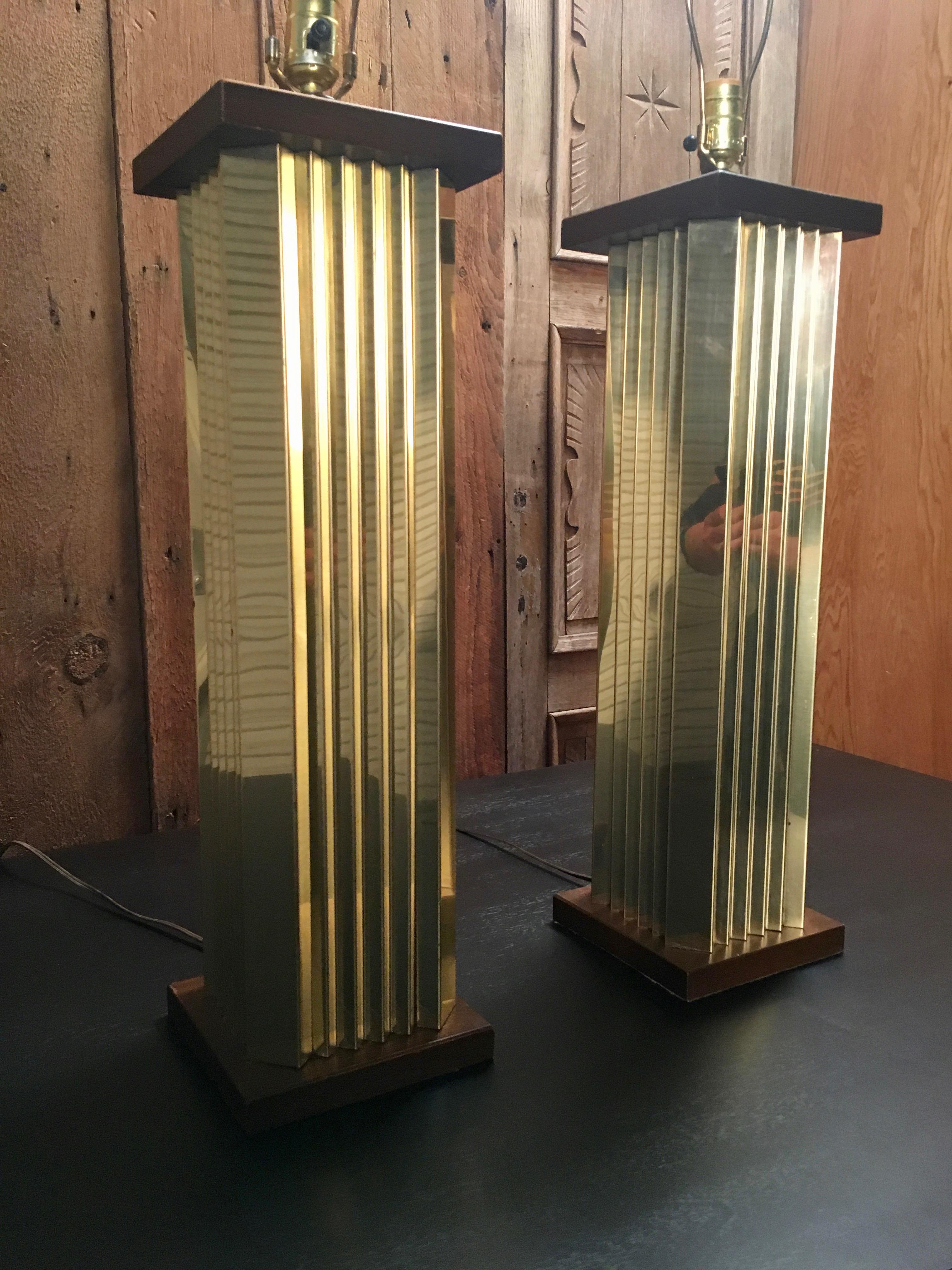 1970s Pleated Brass and Wood Table Lamps In Good Condition In Denton, TX