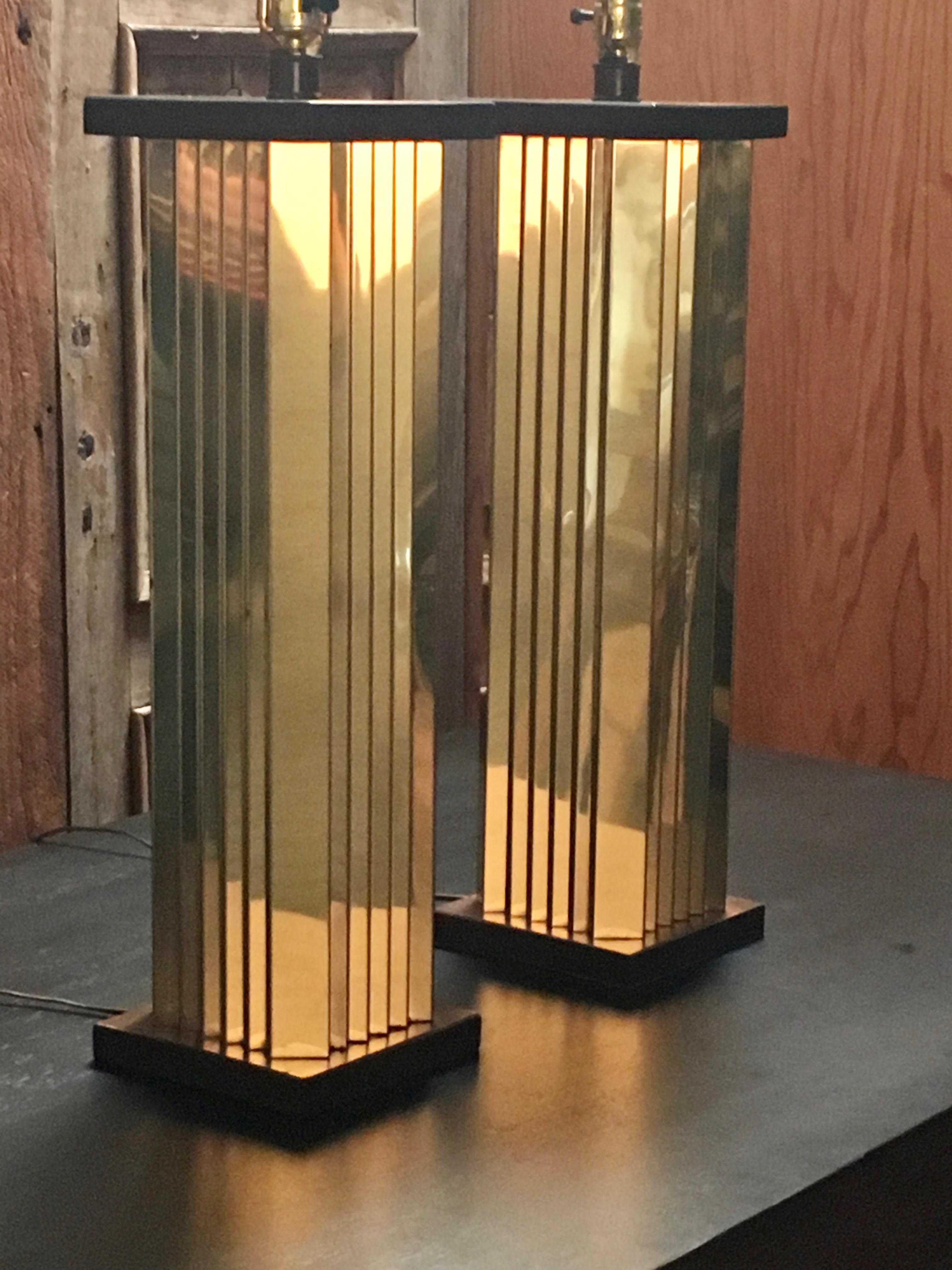 1970s Pleated Brass and Wood Table Lamps 3
