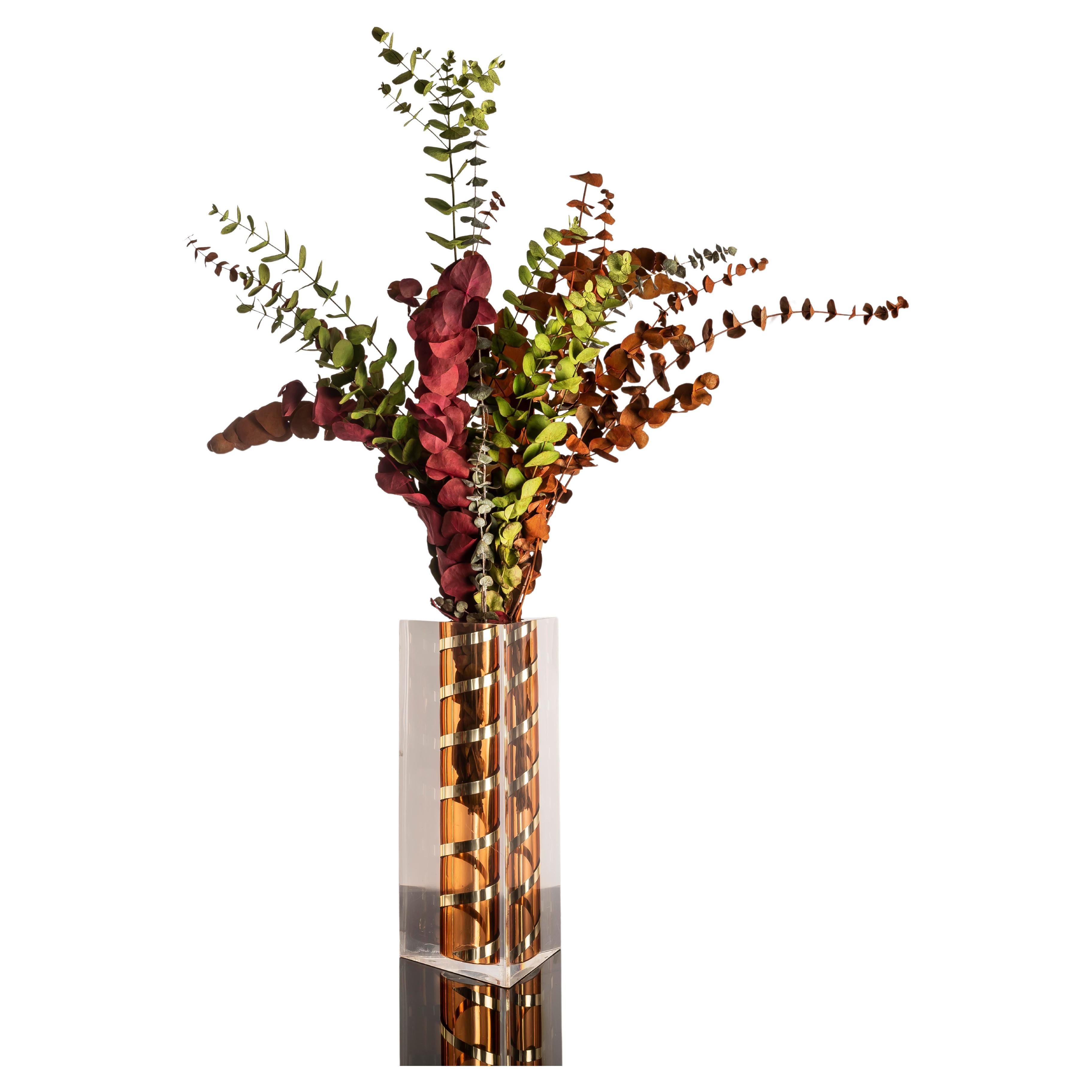 1970s Plexiglass and Brass Spiral Vase Attributed to Angolo Metallarte For Sale