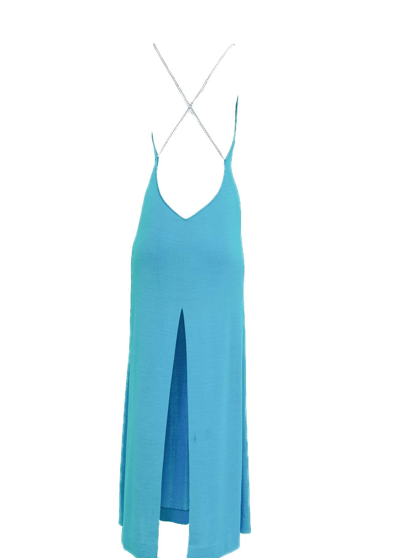 Vestido de tirantes con espalda escotada de los años 70 en jersey turquesa y pedrería en Bueno estado para la venta en Los Angeles, CA