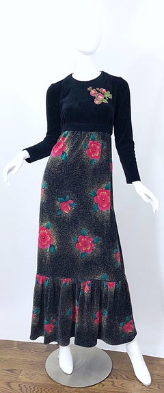 1970s Poinsettia Print Embroidered Beaded Velvet Velour Holiday Maxi Dress Gown