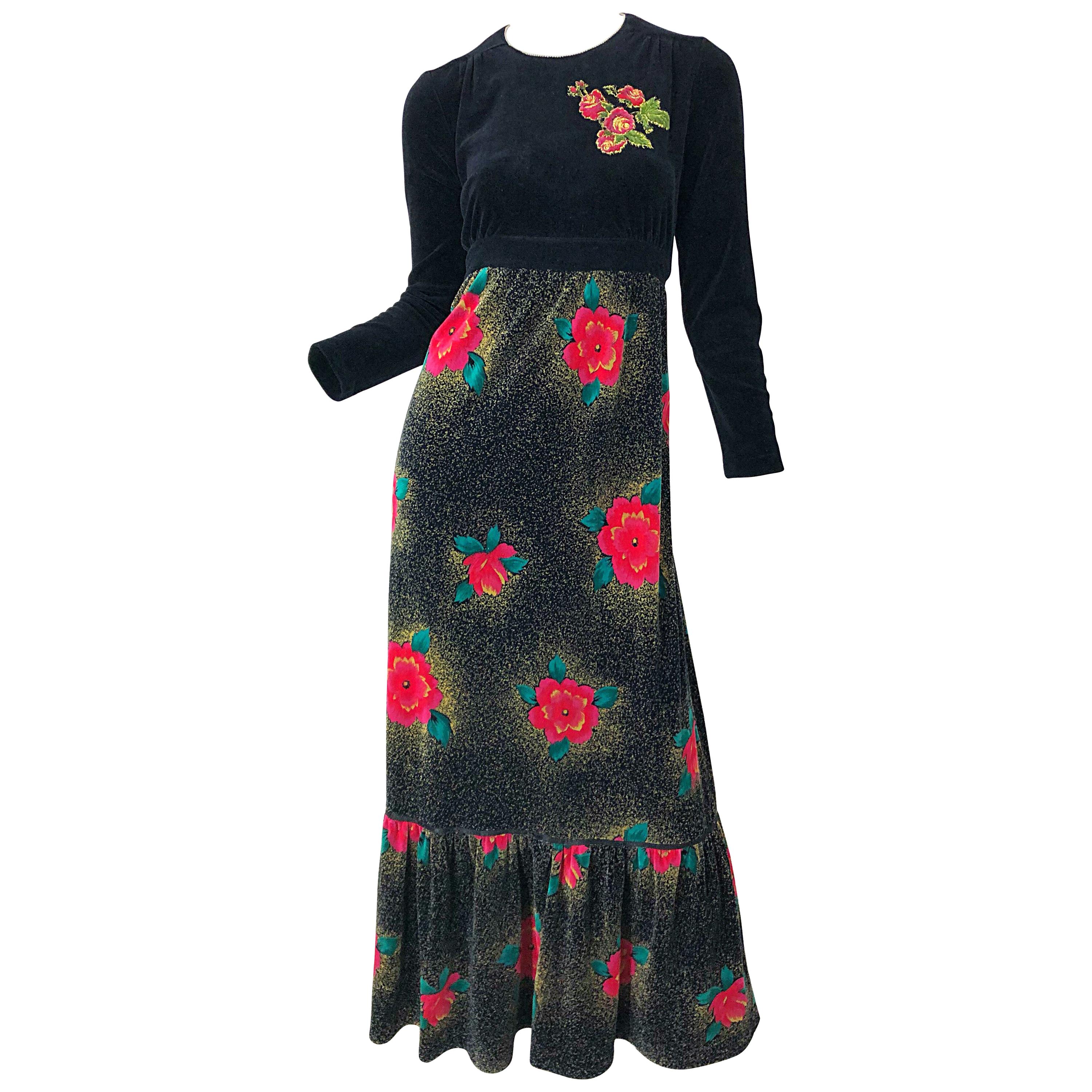 1970s Poinsettia Print Embroidered Beaded Velvet Velour Holiday Maxi Dress Gown