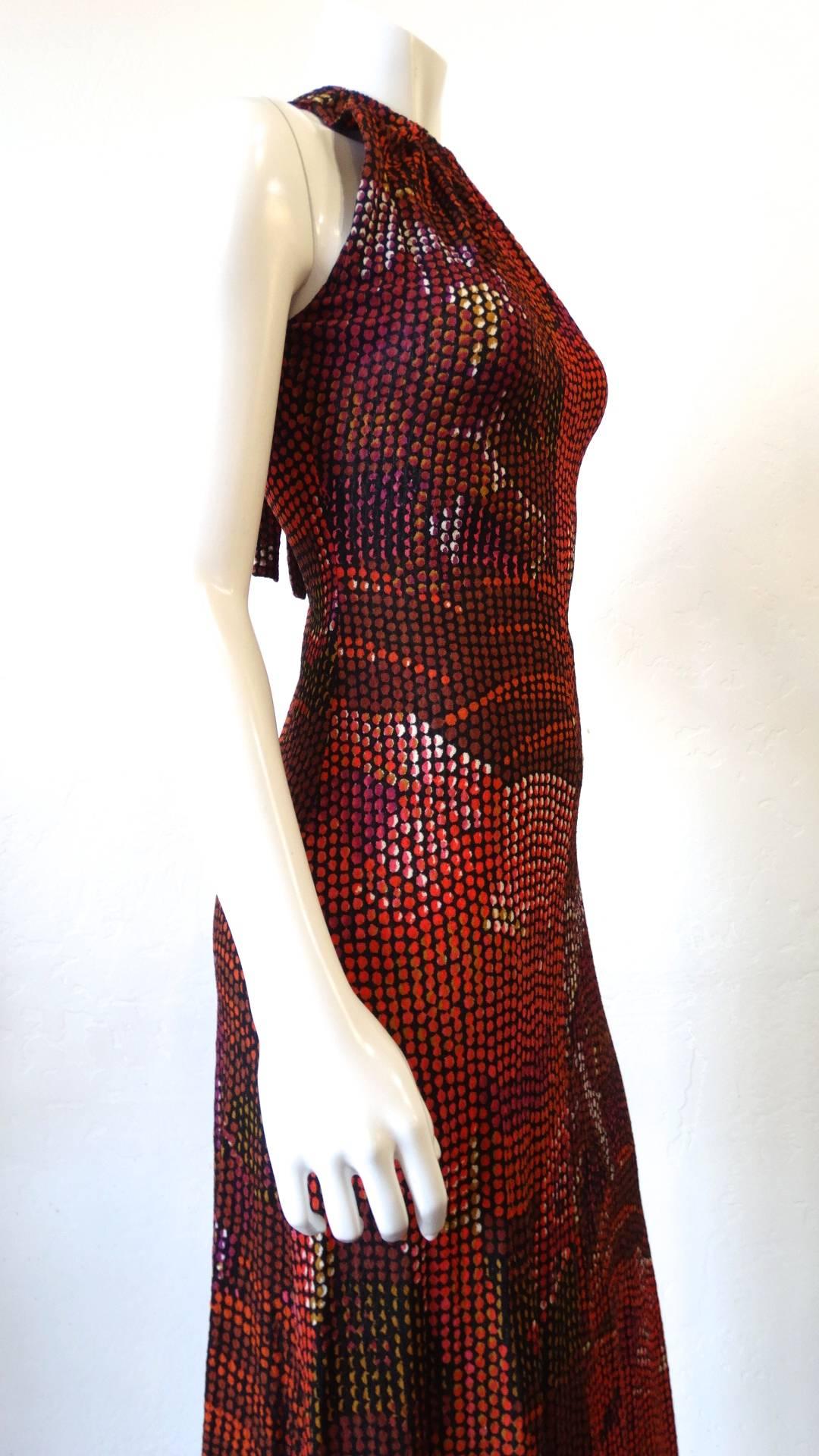 1970s Pointillism Elephant Print Sleeveless Maxi Dress 1