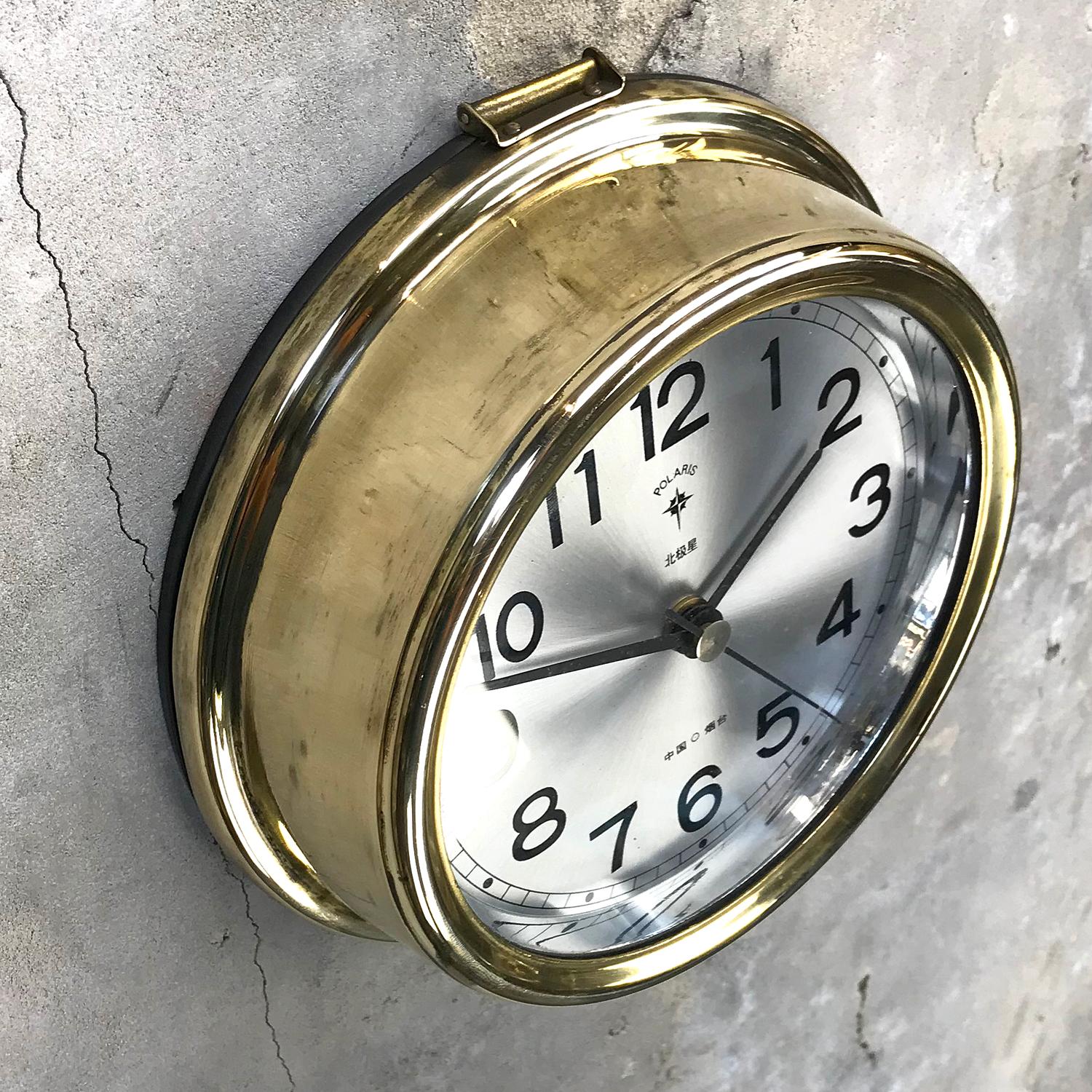 A reclaimed and restored marine slave clock made by Polaris.

Originally found on ocean liners and sea going vessels.

These clocks were used in great number on large ocean liners built during the 1970s and housed a movement that would be controlled