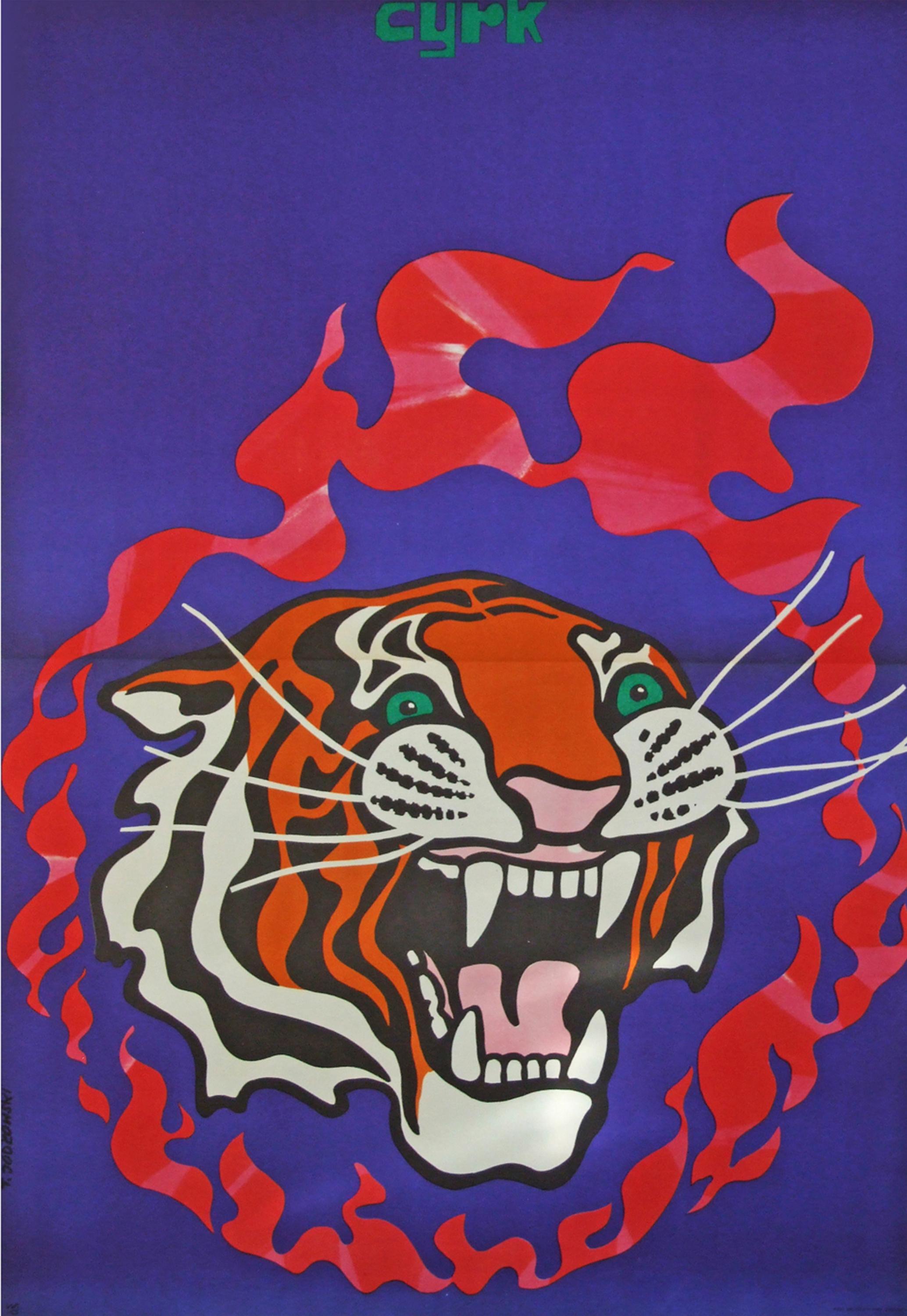 Mid-Century Modern 1970s Polish Cyrk Circus Poster Tiger Flame Design Art