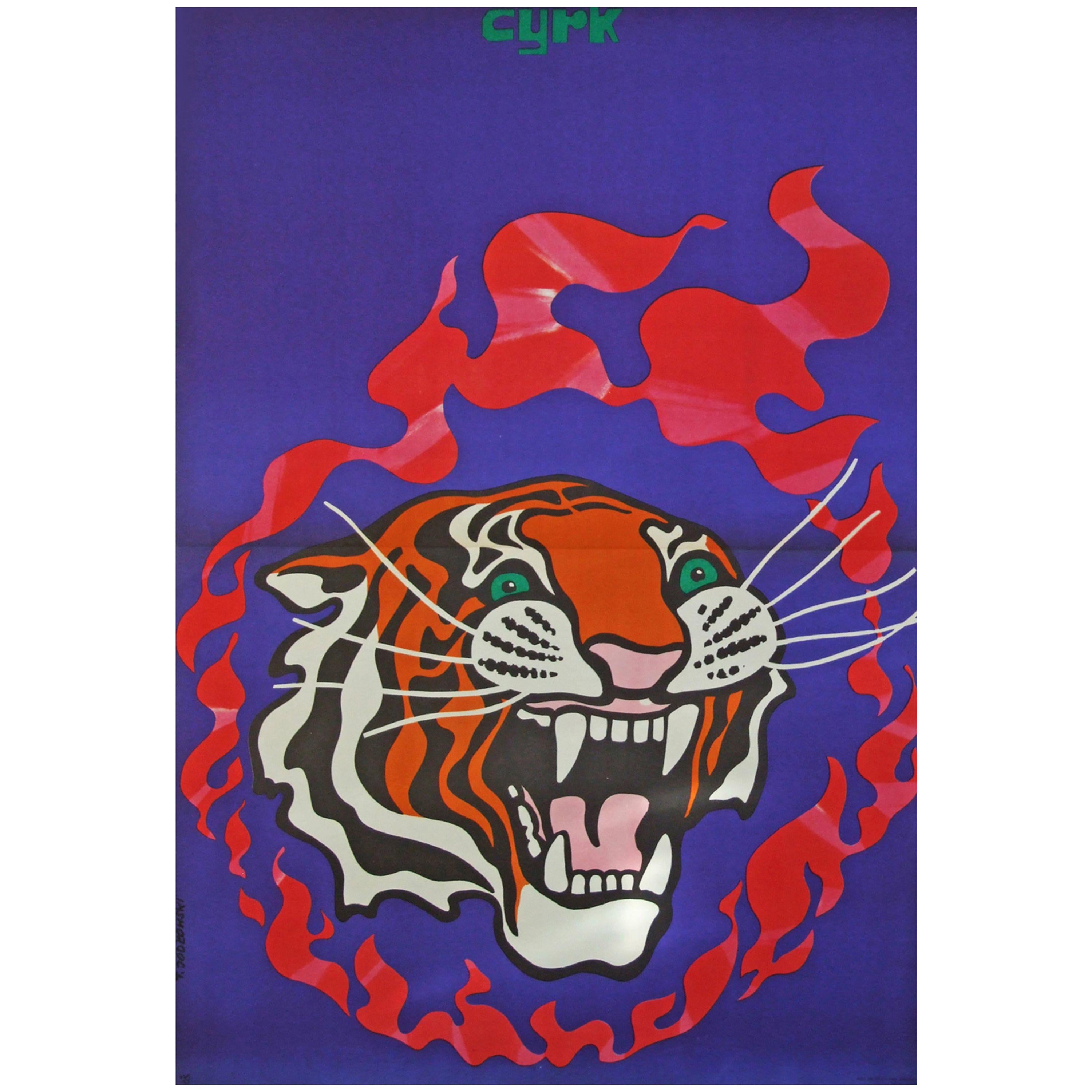 1970s Polish Cyrk Circus Poster Tiger Flame Design Art