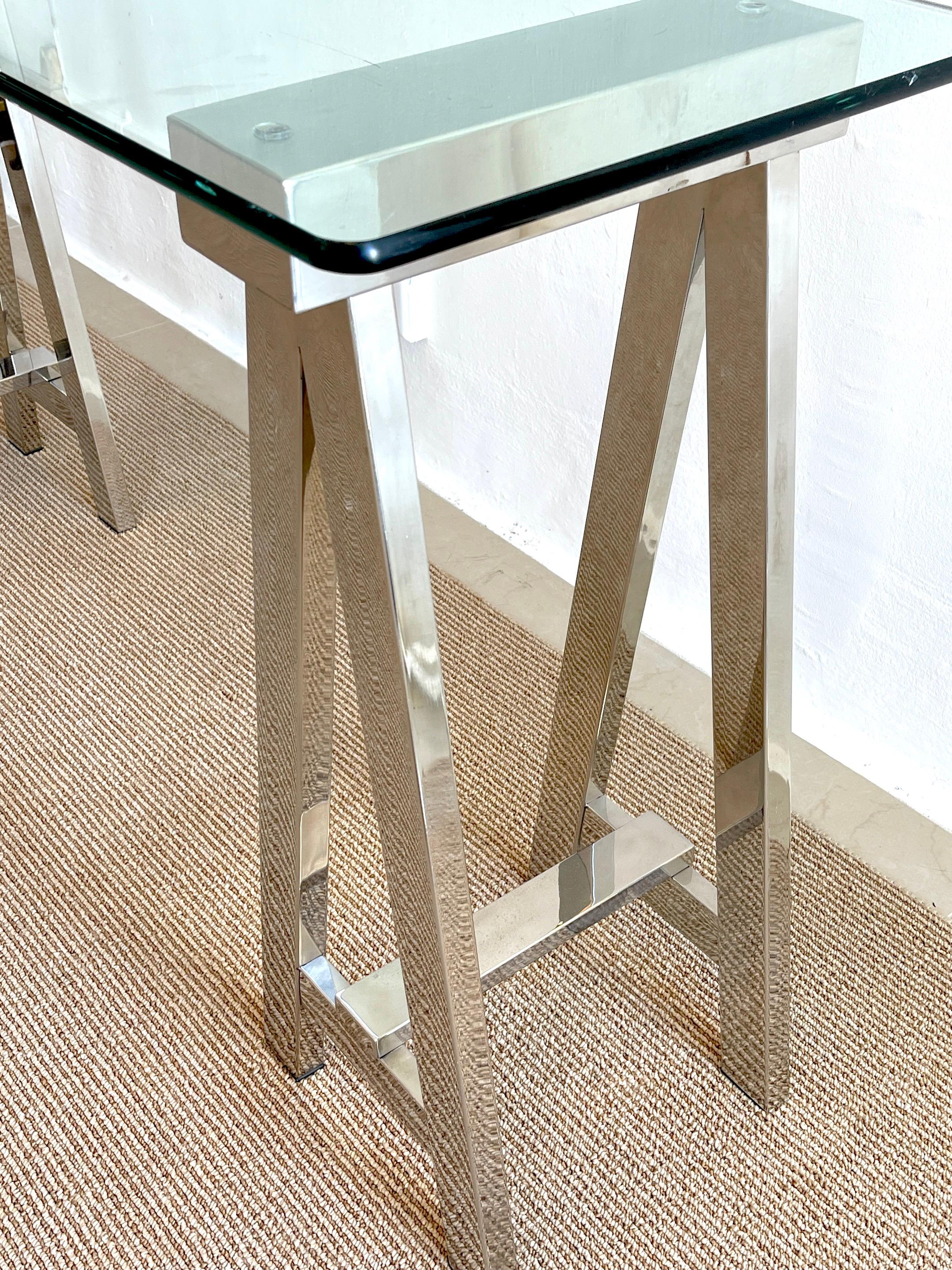 1970s Polished Chrome Sawhorse Console Table In Good Condition In West Palm Beach, FL