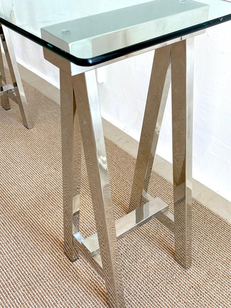 1970s Polished Chrome Sawhorse Console Table In Good Condition For Sale In West Palm Beach, FL