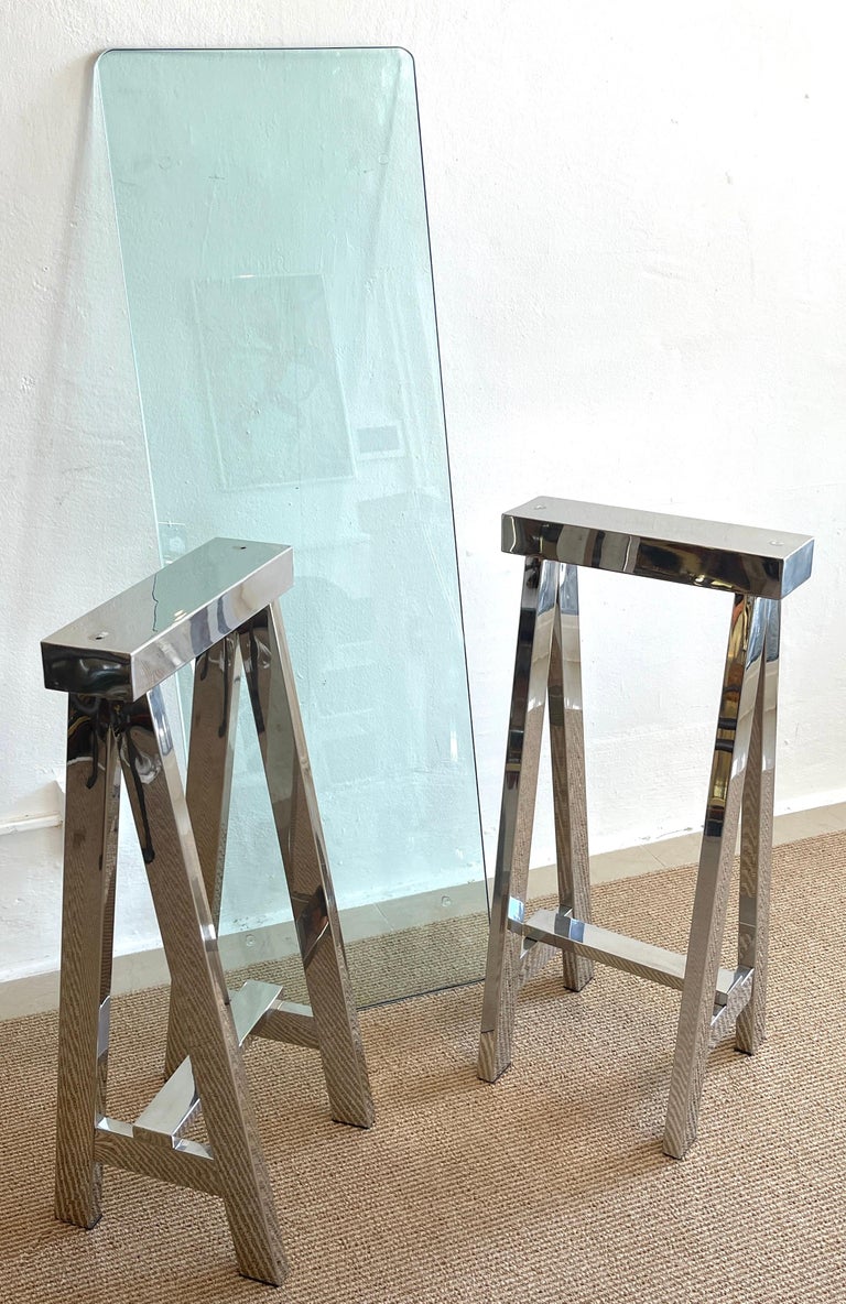 1970s Polished Chrome Sawhorse Console Table For Sale 1