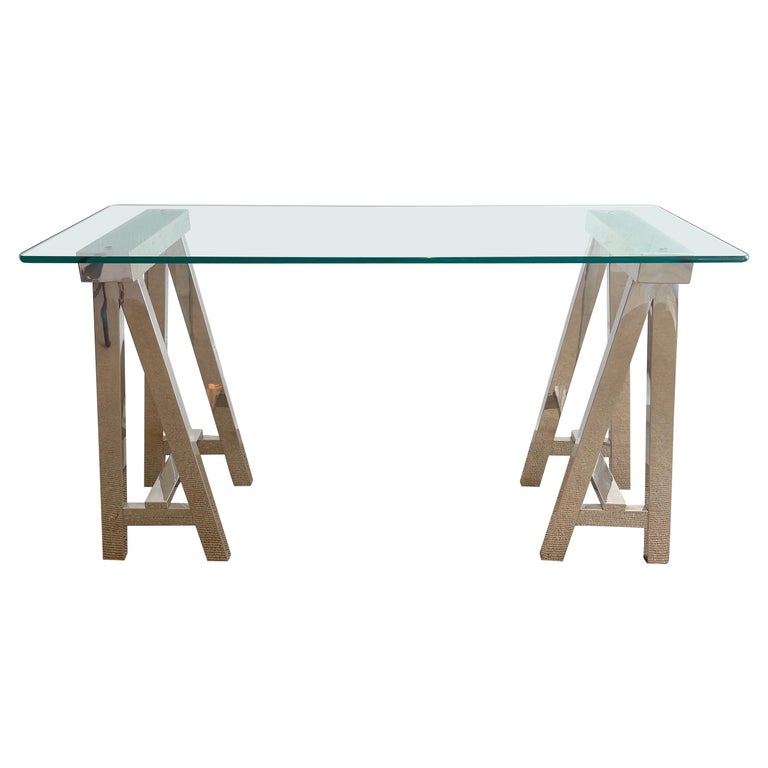 1970s Polished Chrome Sawhorse Console Table For Sale