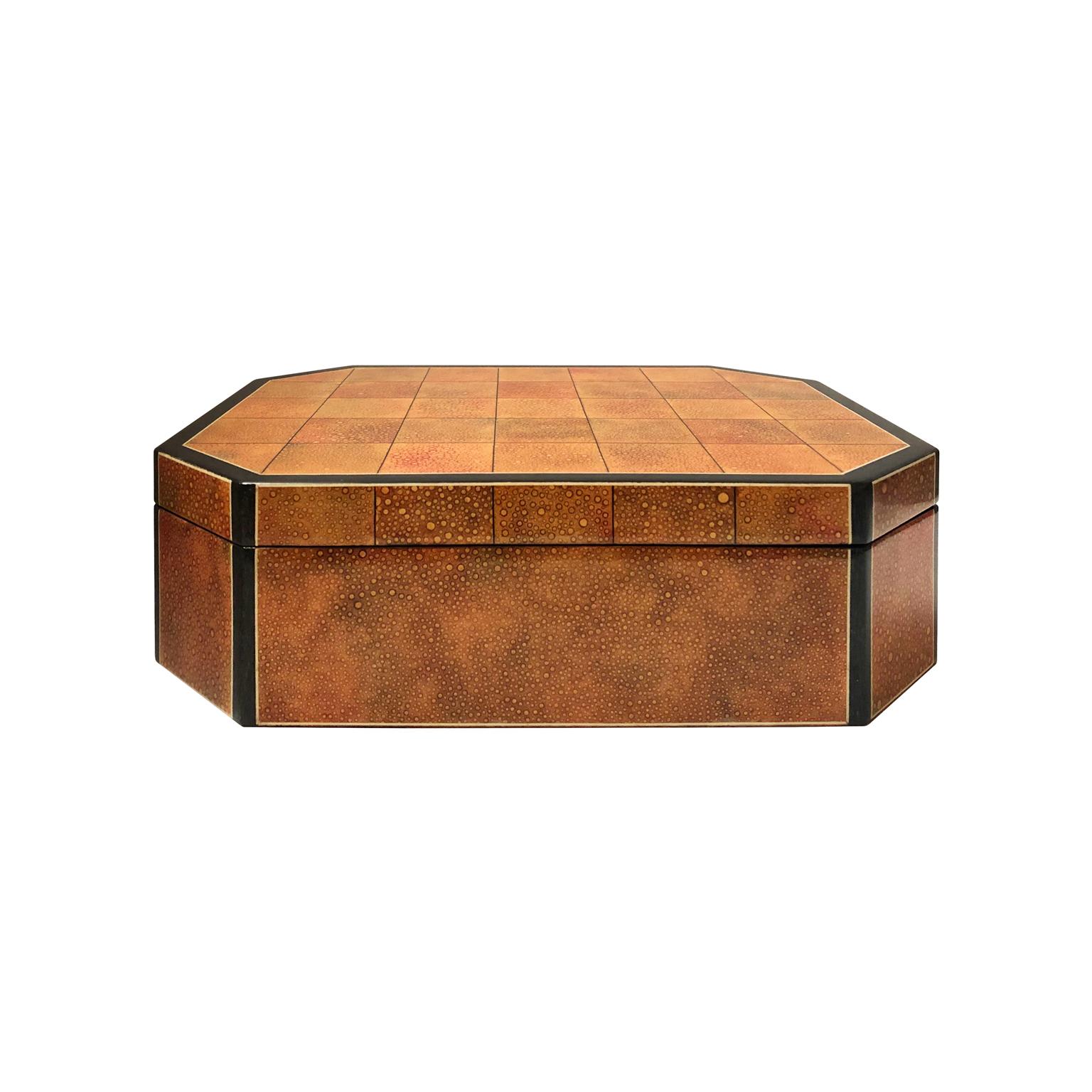 Polished coral stone cut-corner box with hinged lid. USA, 1970s.