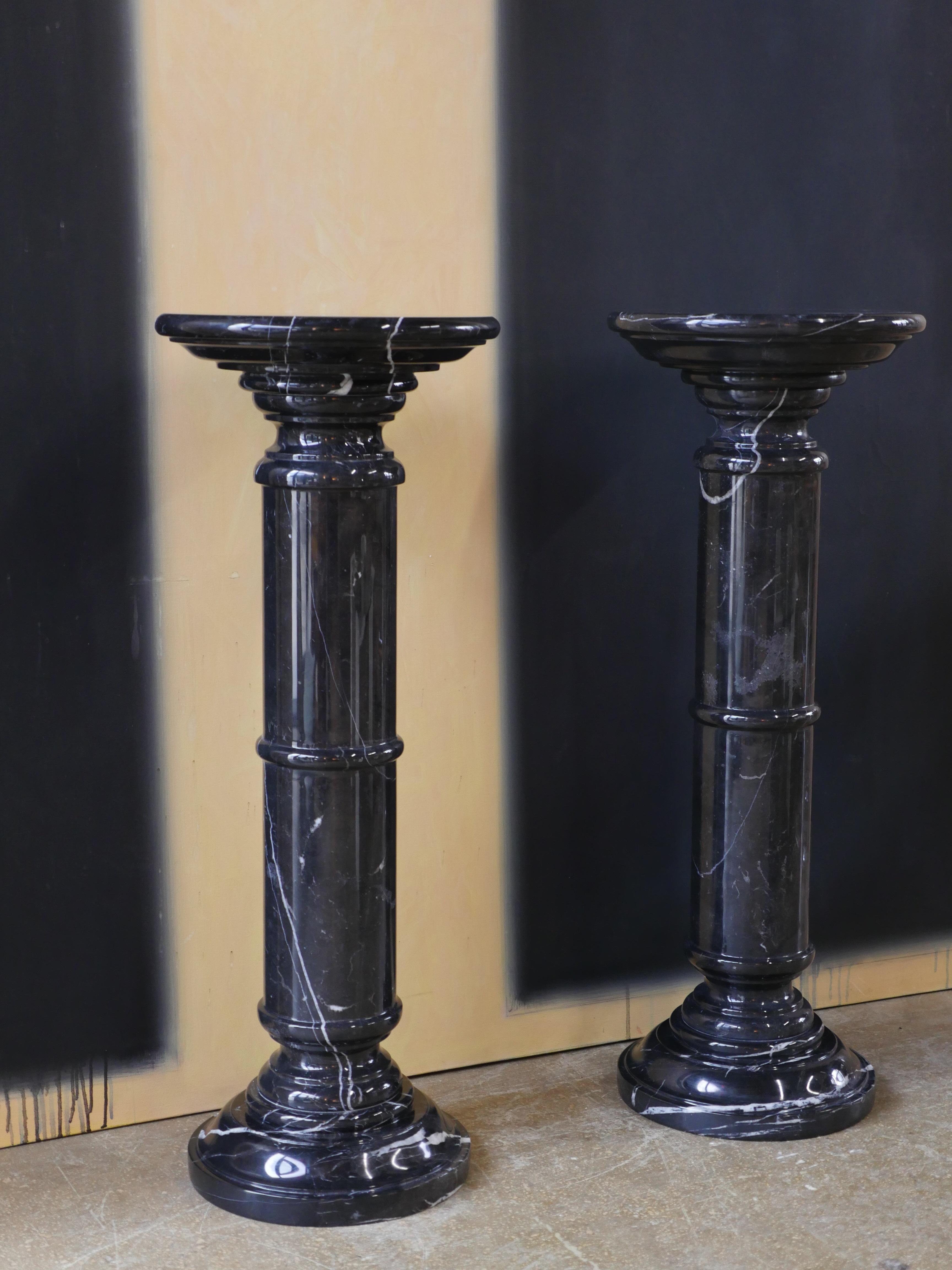 1970s Polished Nero Marquina Solid Marble Pedestals - Set of 2 For Sale 1