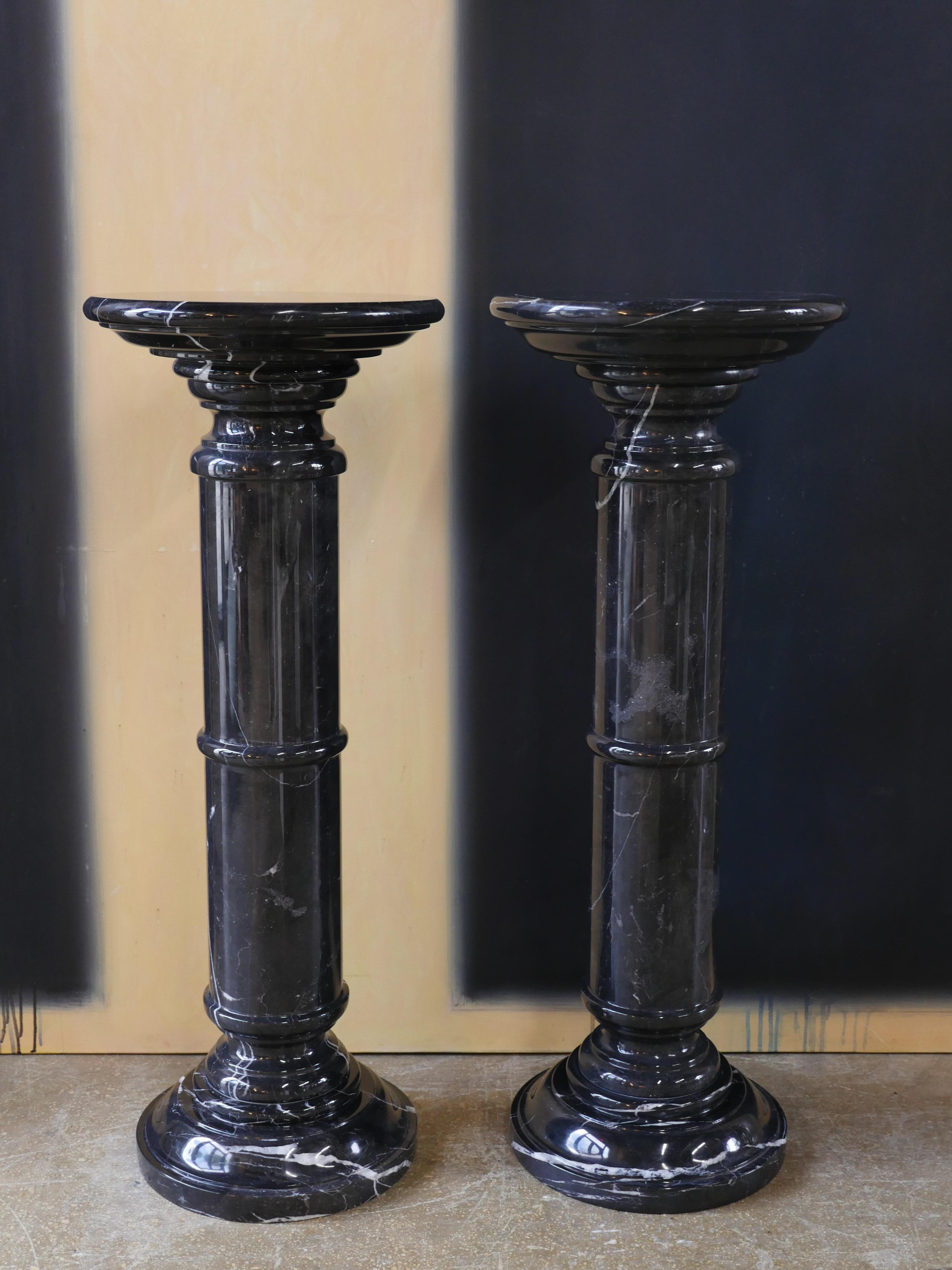 1970s Polished Nero Marquina Solid Marble Pedestals - Set of 2 For Sale 3