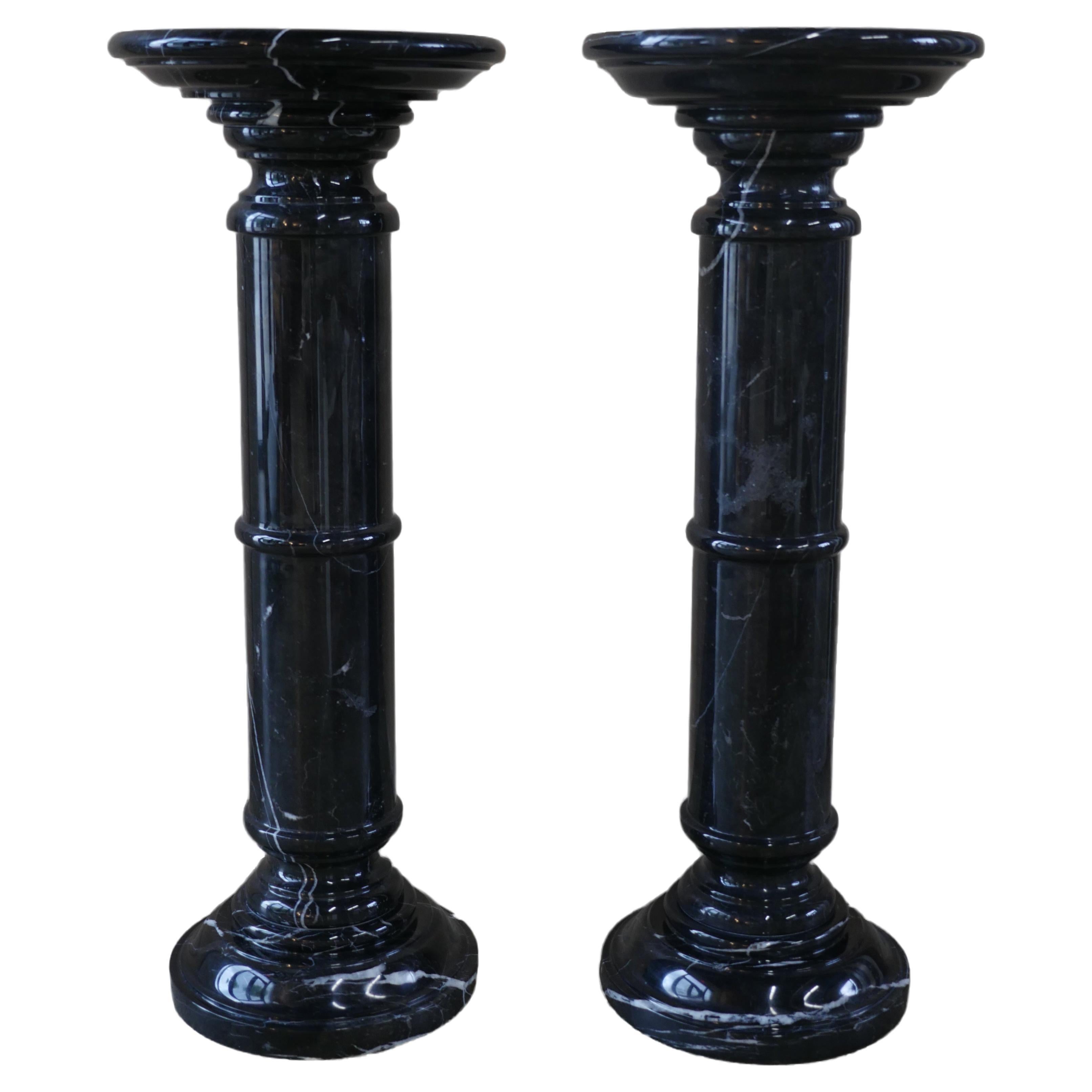 1970s Polished Nero Marquina Solid Marble Pedestals - Set of 2 For Sale