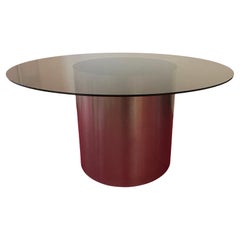 1970s Polished Stainless Steel Cylinder & Smoked Glass Circular Dining Table