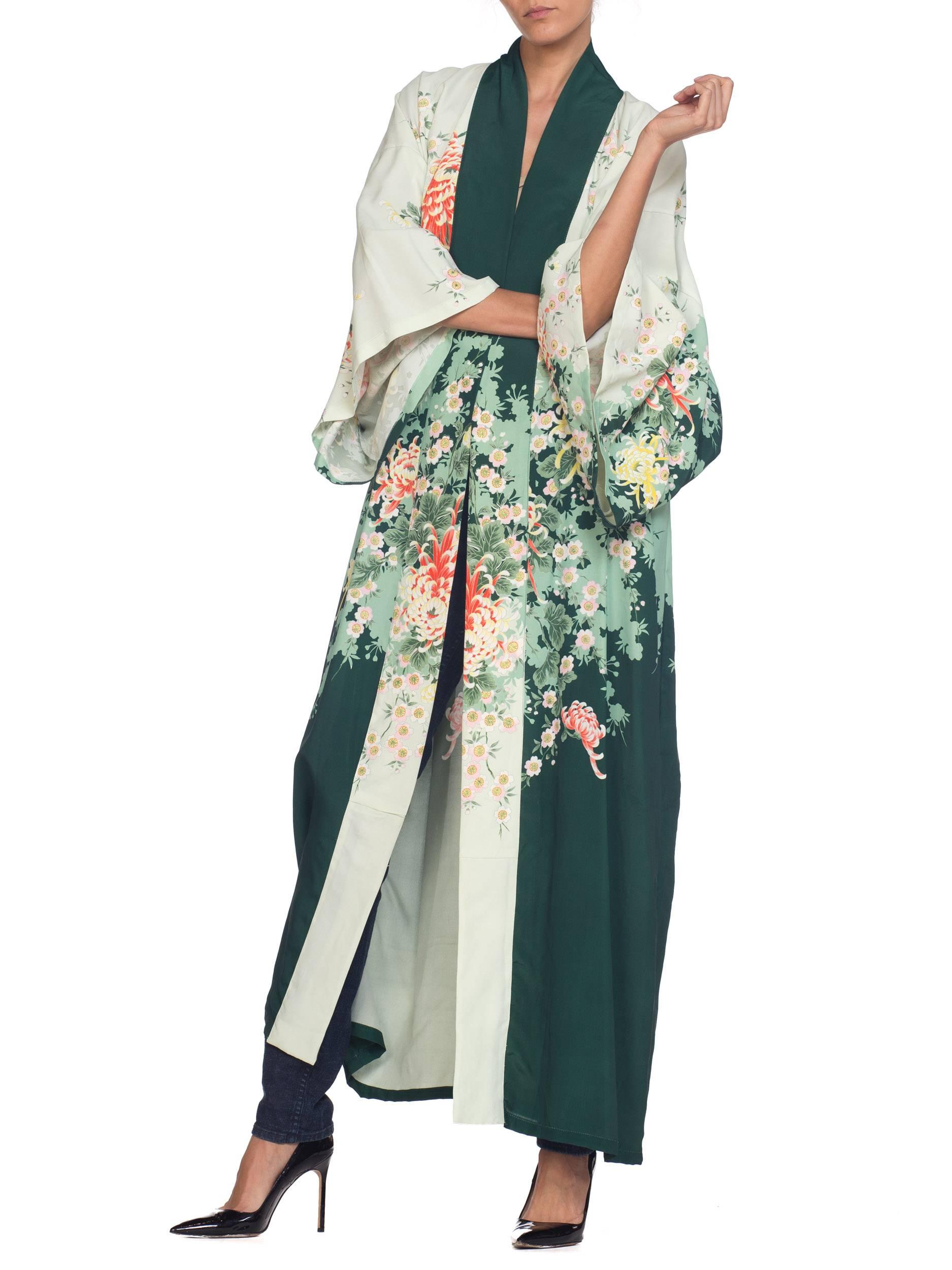 Poly-Kimono in Grün mit Blumenmuster, 1970er Jahre 6