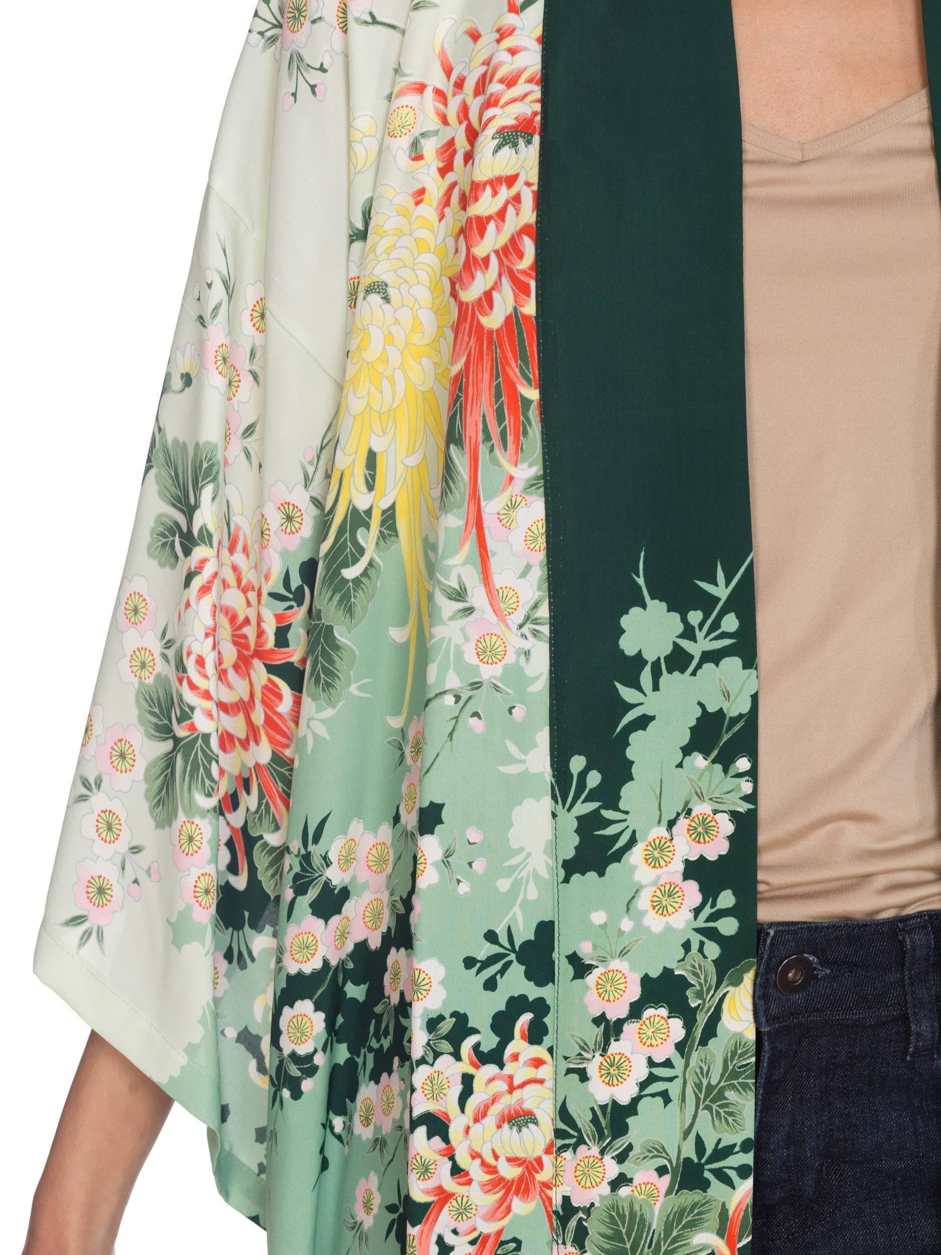 Poly-Kimono in Grün mit Blumenmuster, 1970er Jahre 7