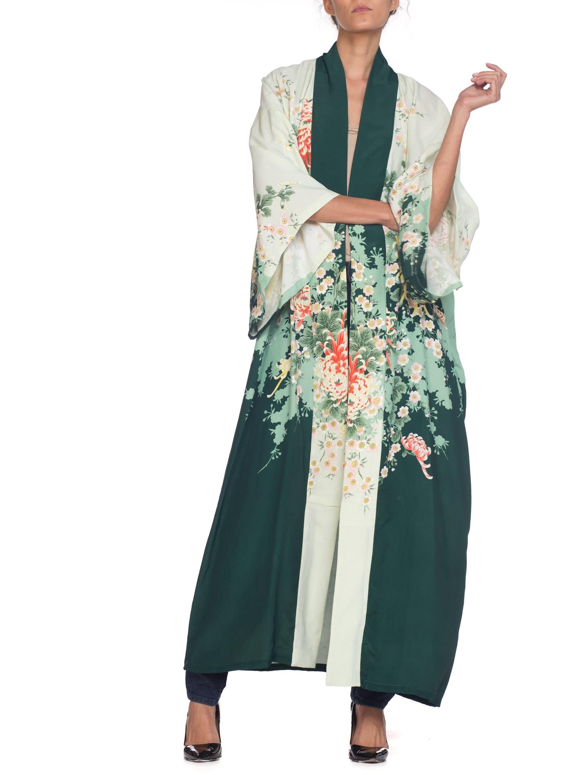 1970s Poly blend Gradient green floral kimono at 1stDibs