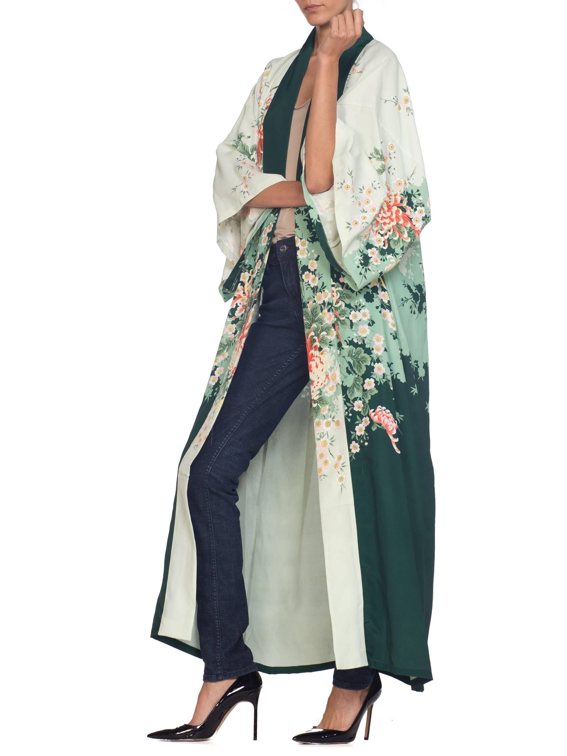 Poly-Kimono in Grün mit Blumenmuster, 1970er Jahre 3
