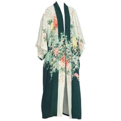 1970s Poly blend Gradient green floral kimono