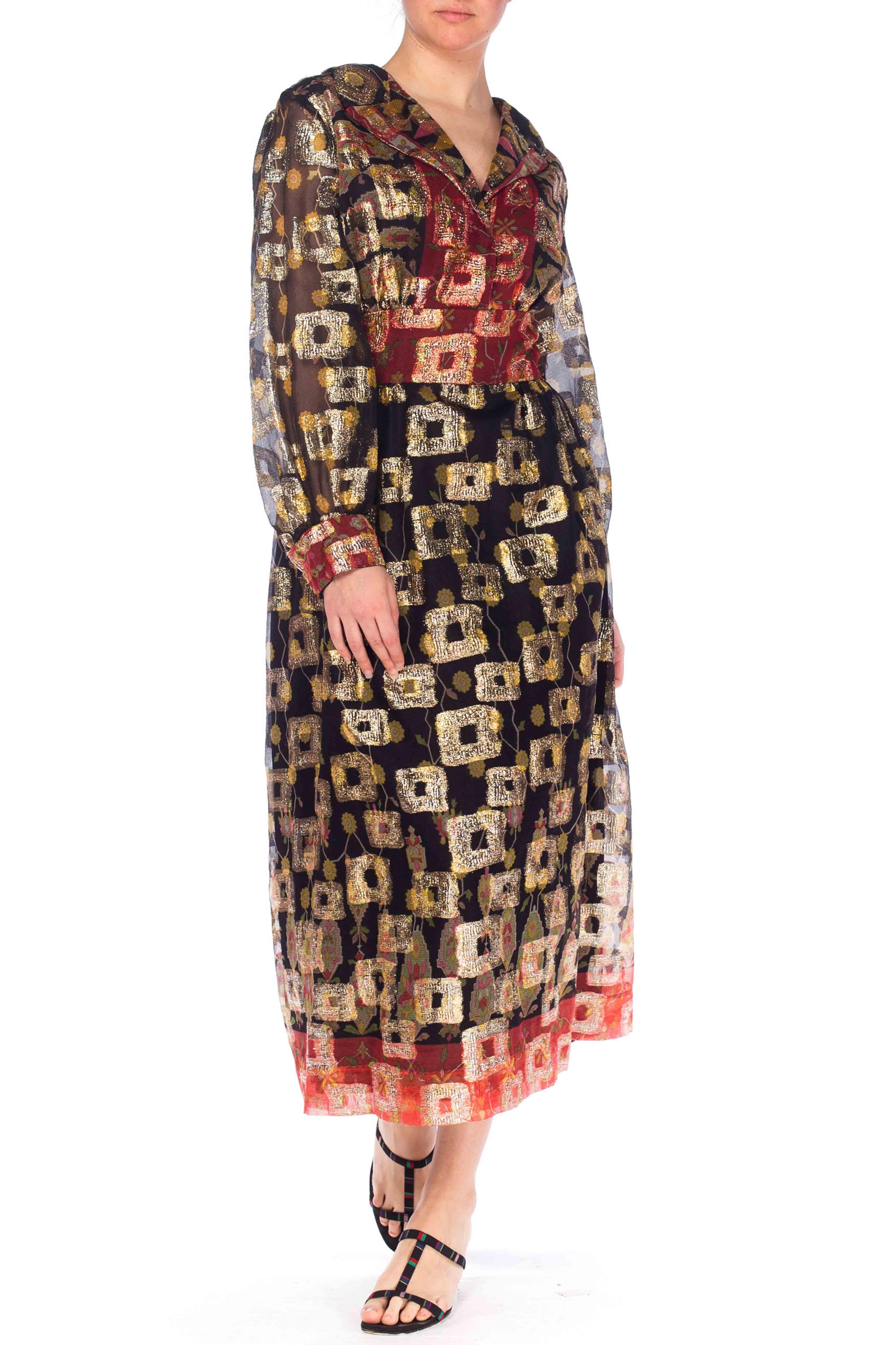 Women's 1970S Black & Red Poly/Lurex Jacquard Long Sleeve Cocktail Dress For Sale