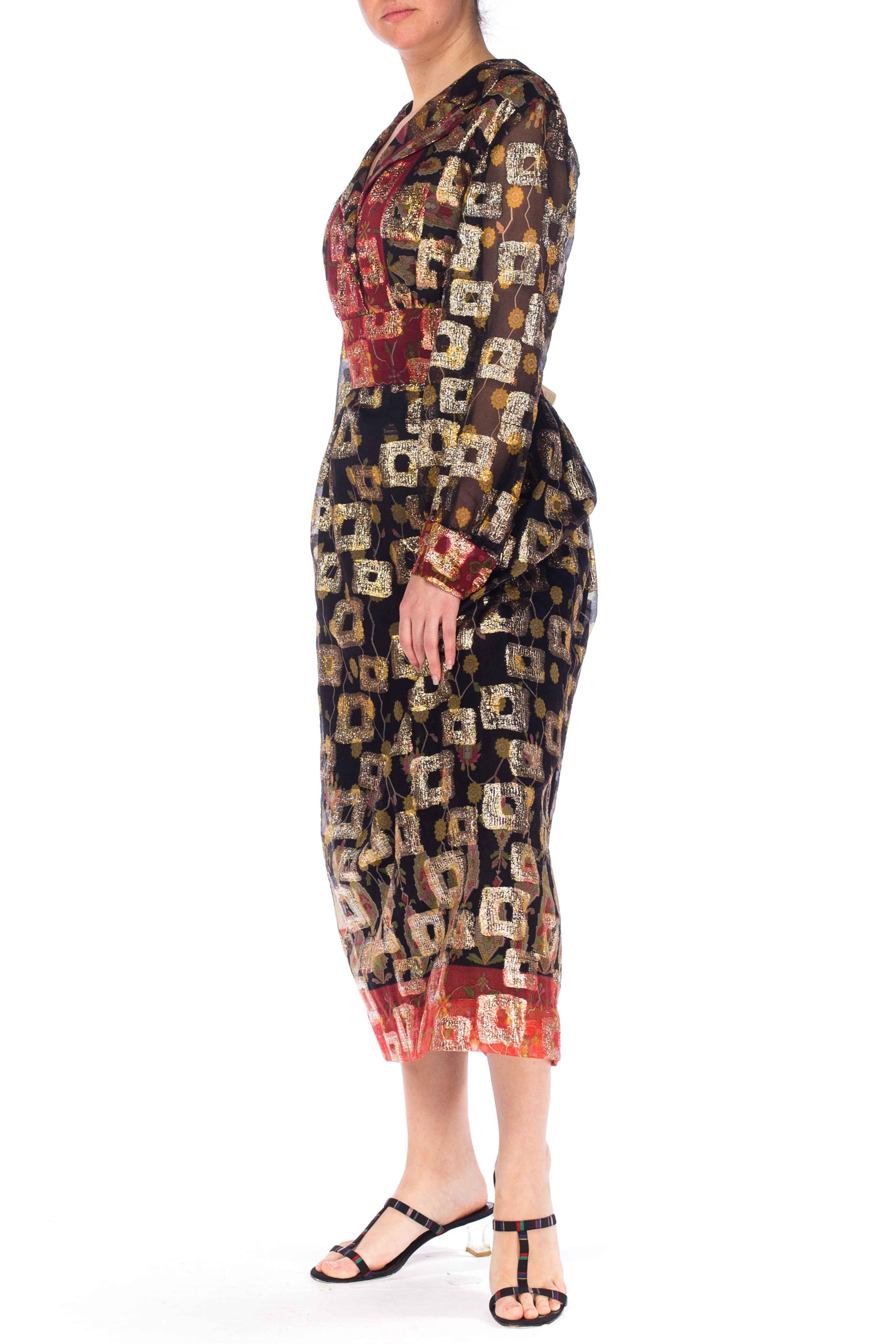 1970S Black & Red Poly/Lurex Jacquard Long Sleeve Cocktail Dress For Sale 1