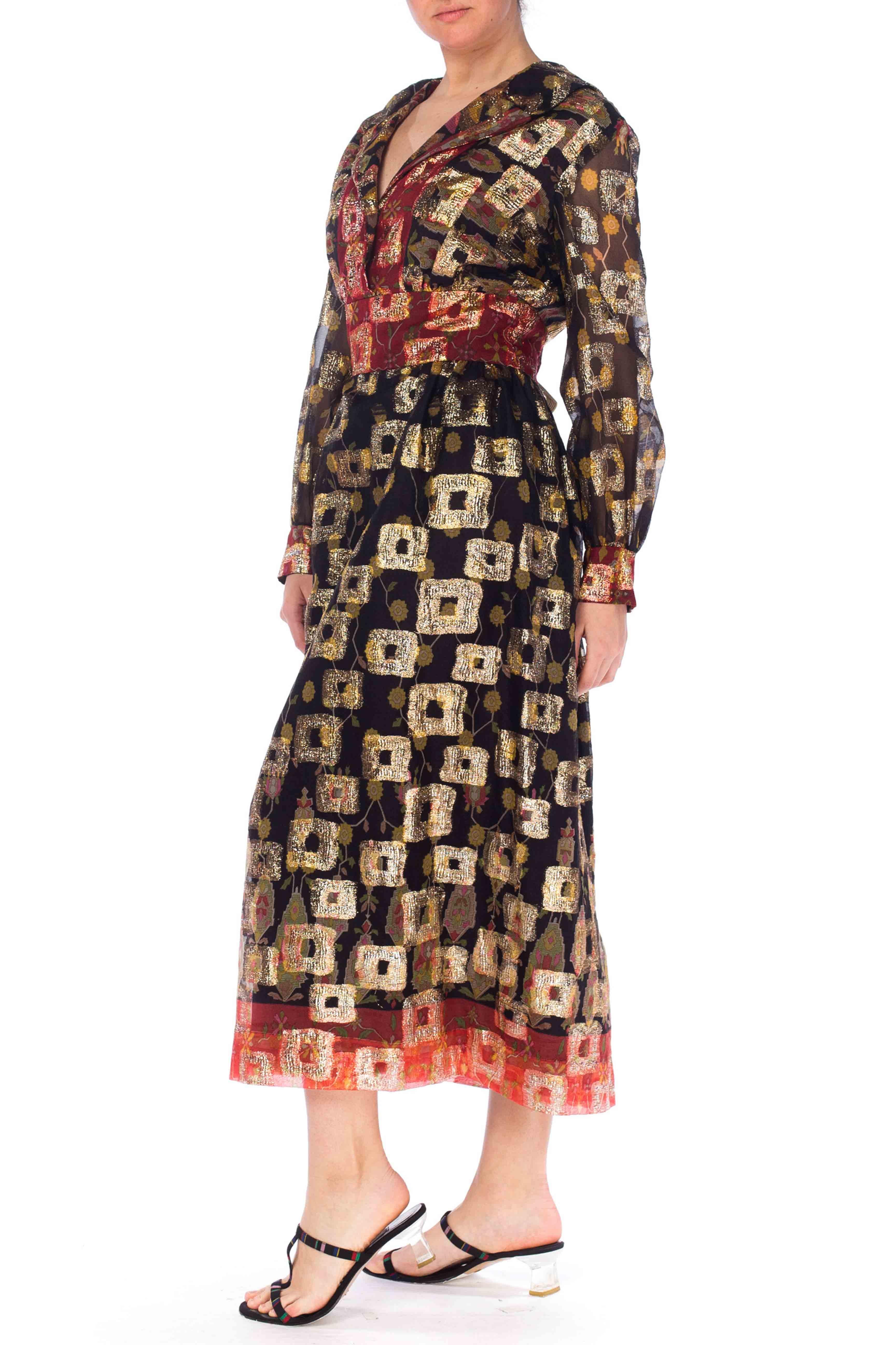 1970S Black & Red Poly/Lurex Jacquard Long Sleeve Cocktail Dress For Sale 2