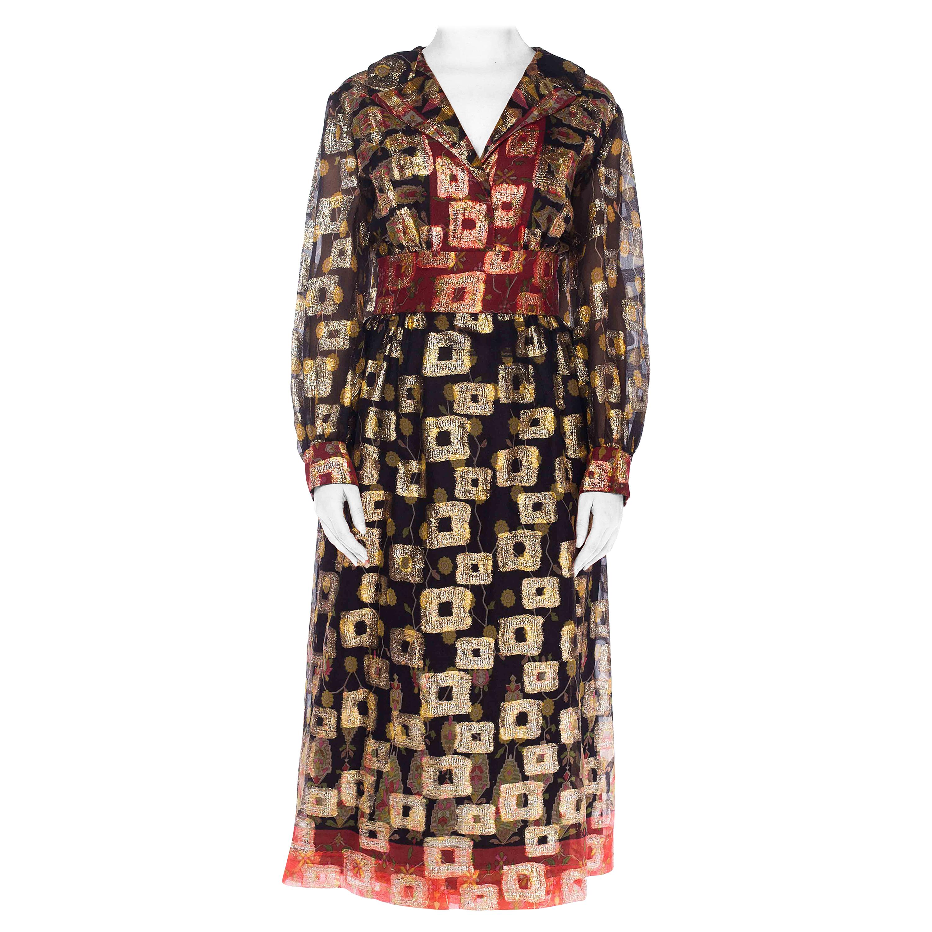 1970S Black & Red Poly/Lurex Jacquard Long Sleeve Cocktail Dress For Sale