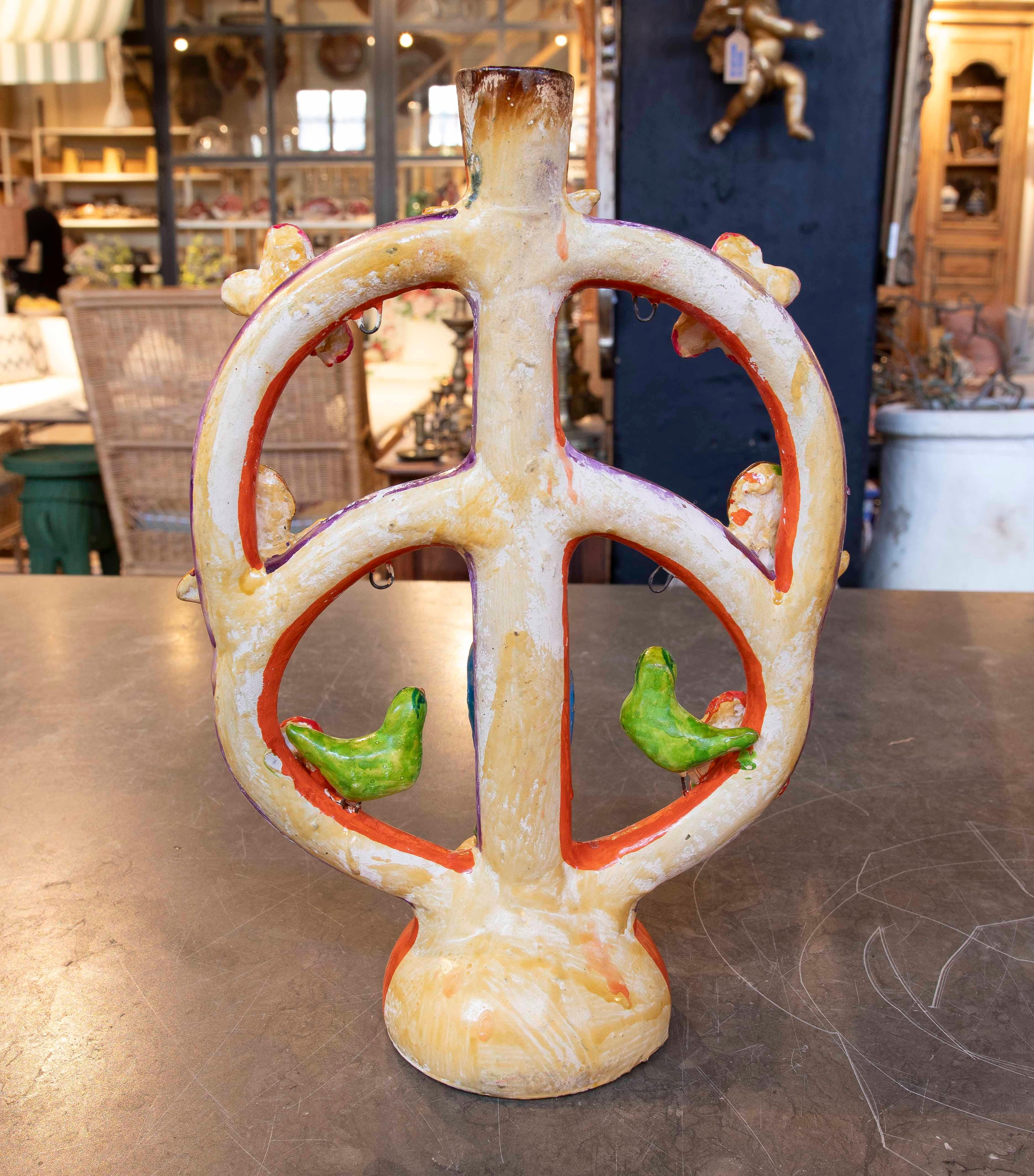Hand-Painted 1970s Polychrome Ceramic Tree of Life with Religious Representation