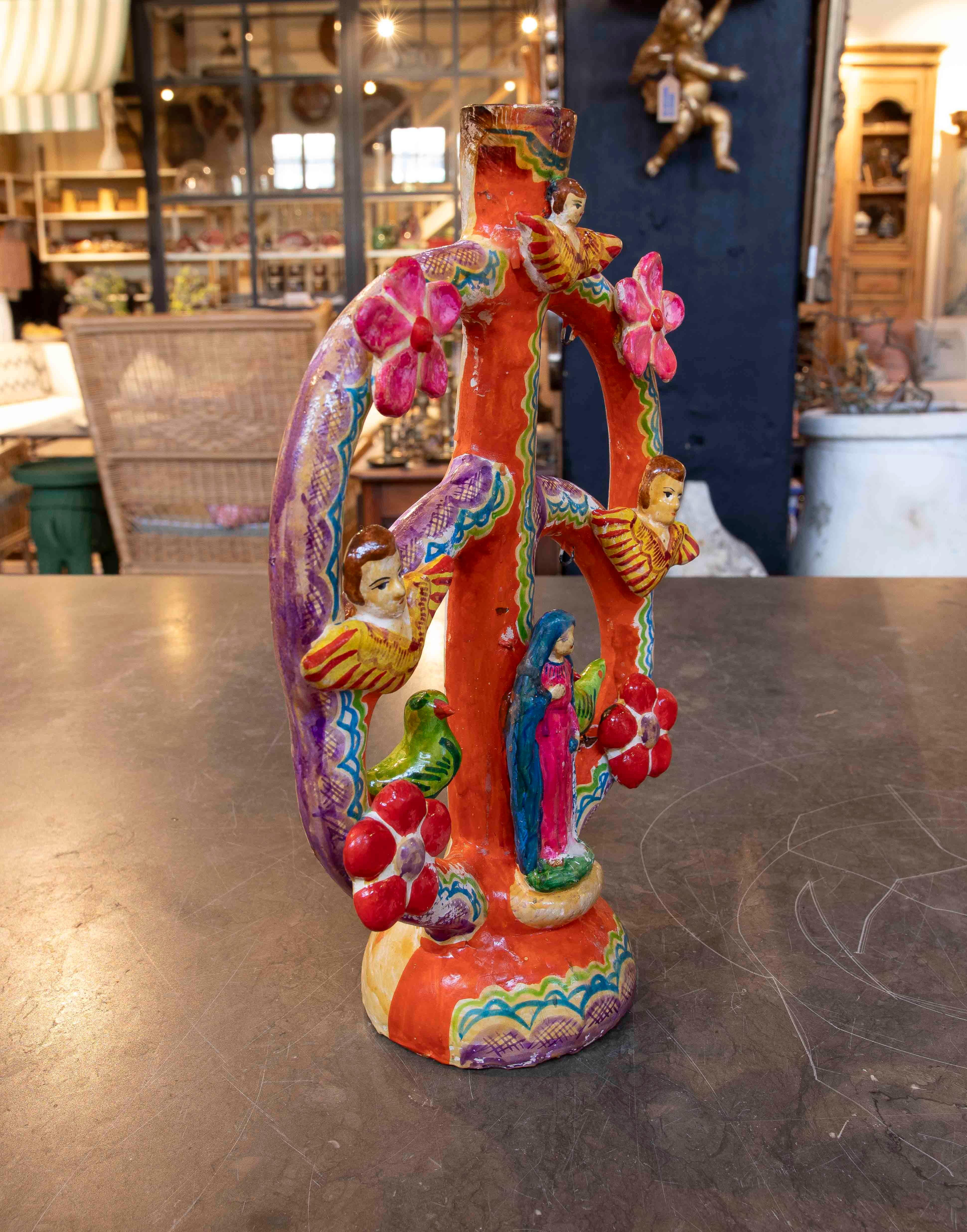 20th Century 1970s Polychrome Ceramic Tree of Life with Religious Representation
