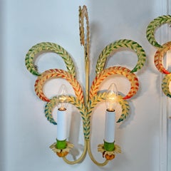 1970's Polychrome Feather Frond Tole Wall Lights