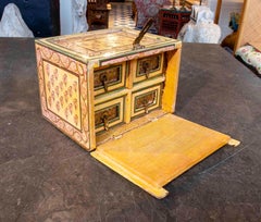 1970s Polychrome Oriental Desk with Four Drawers and Upper Compartment