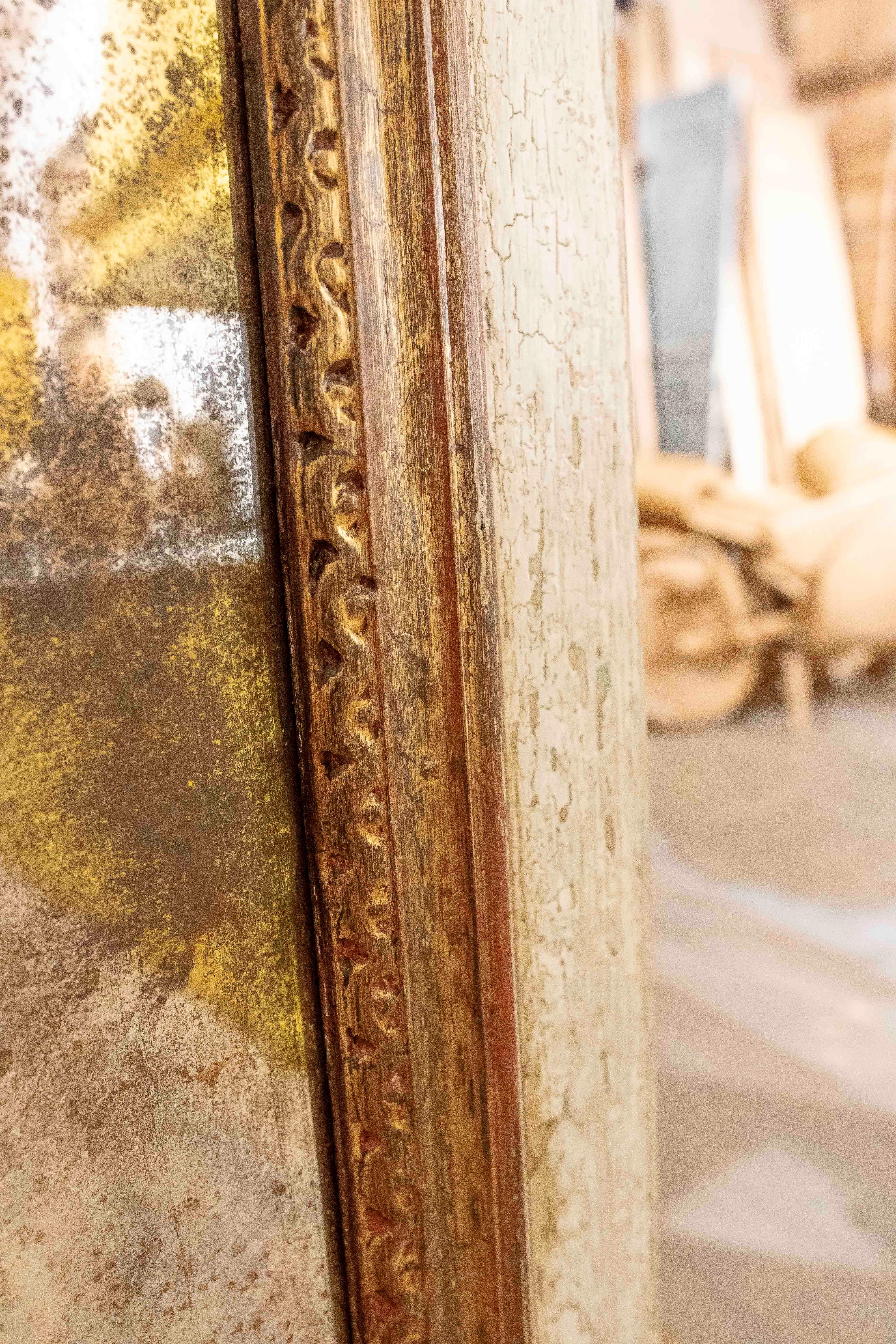 1970s Polychrome Wooden Wall Mirror with Antique Glass For Sale 9