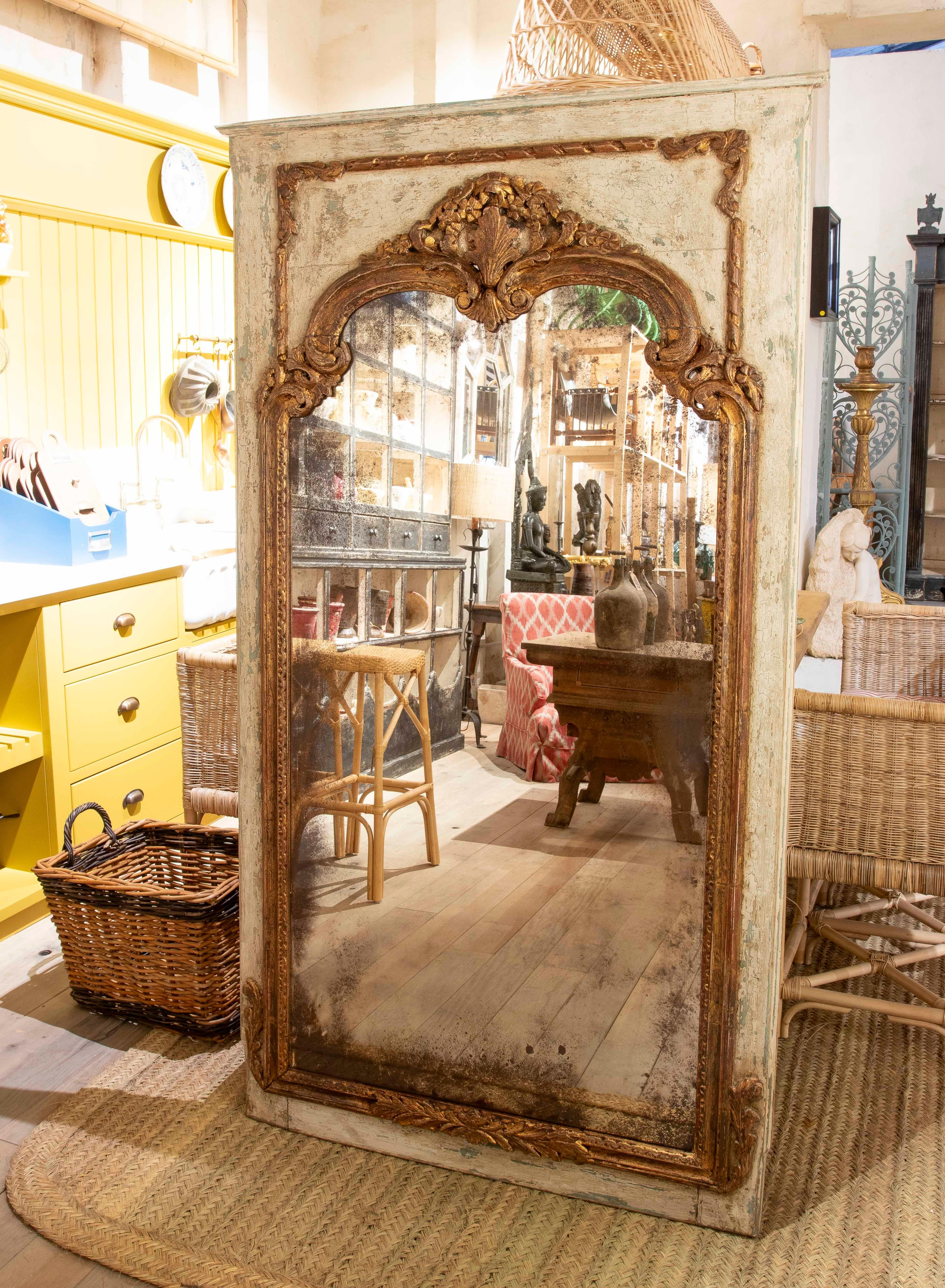 1970s Polychrome Wooden Wall Mirror with Antique Glass 