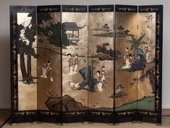 1970s Polychromed Gold Leaf Chinoiserie Double Face Folding Green / Room Divider