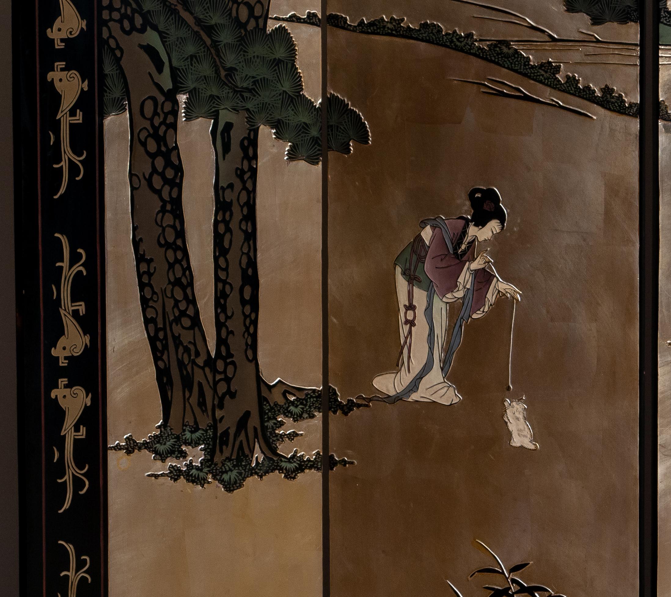 Late 20th Century 1970s Polychromed Gold Leaf Chinoiserie Double Face Folding Green / Room Divider