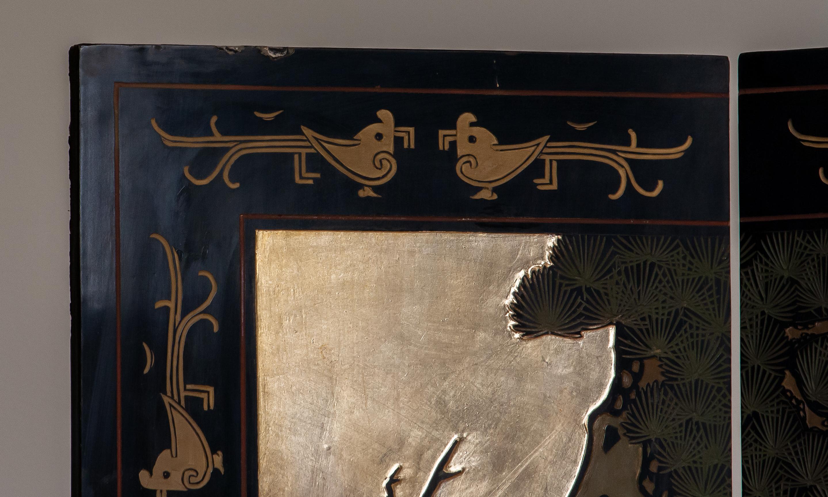 1970s Polychromed Gold Leaf Chinoiserie Double Face Folding Green / Room Divider 1