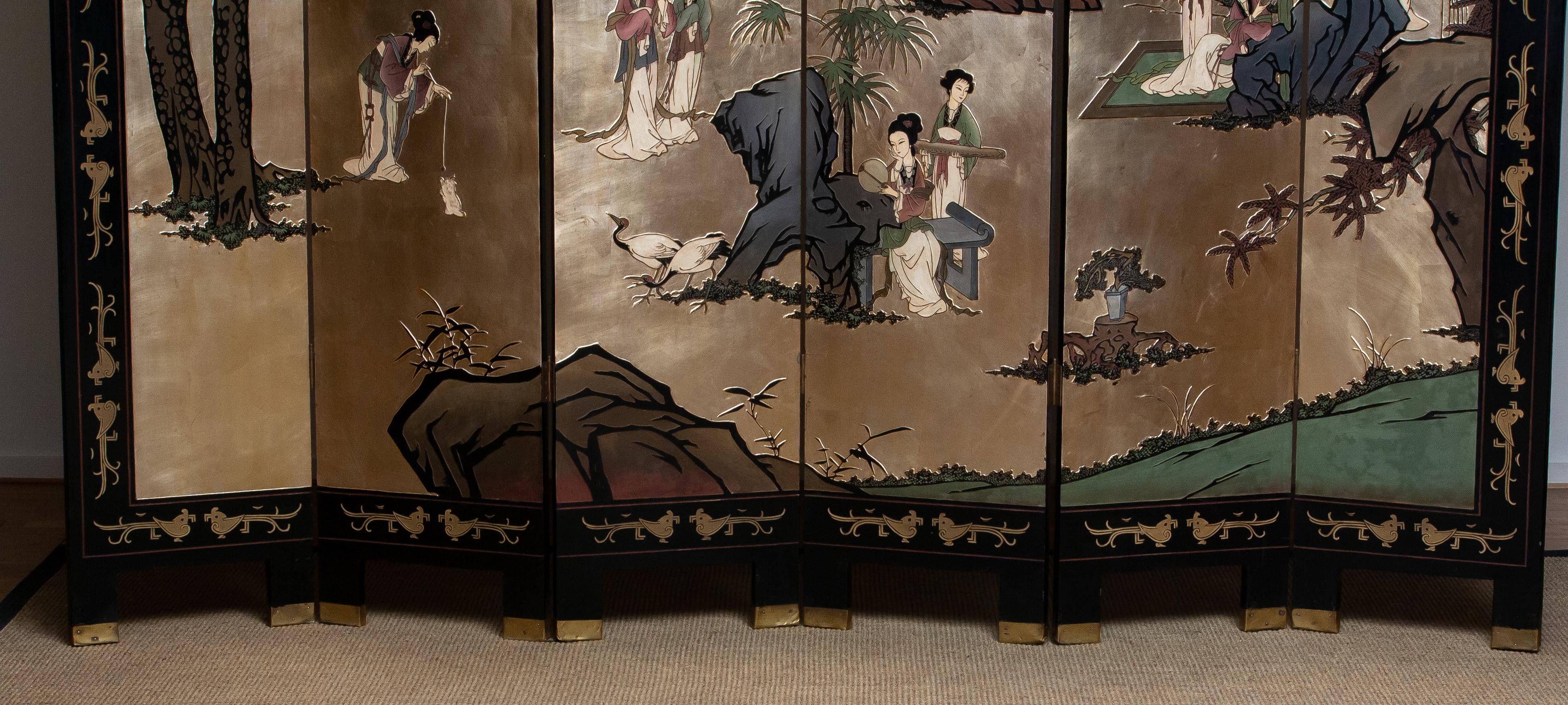 1970s Polychromed Gold Leaf Chinoiserie Double Face Folding Green / Room Divider 2